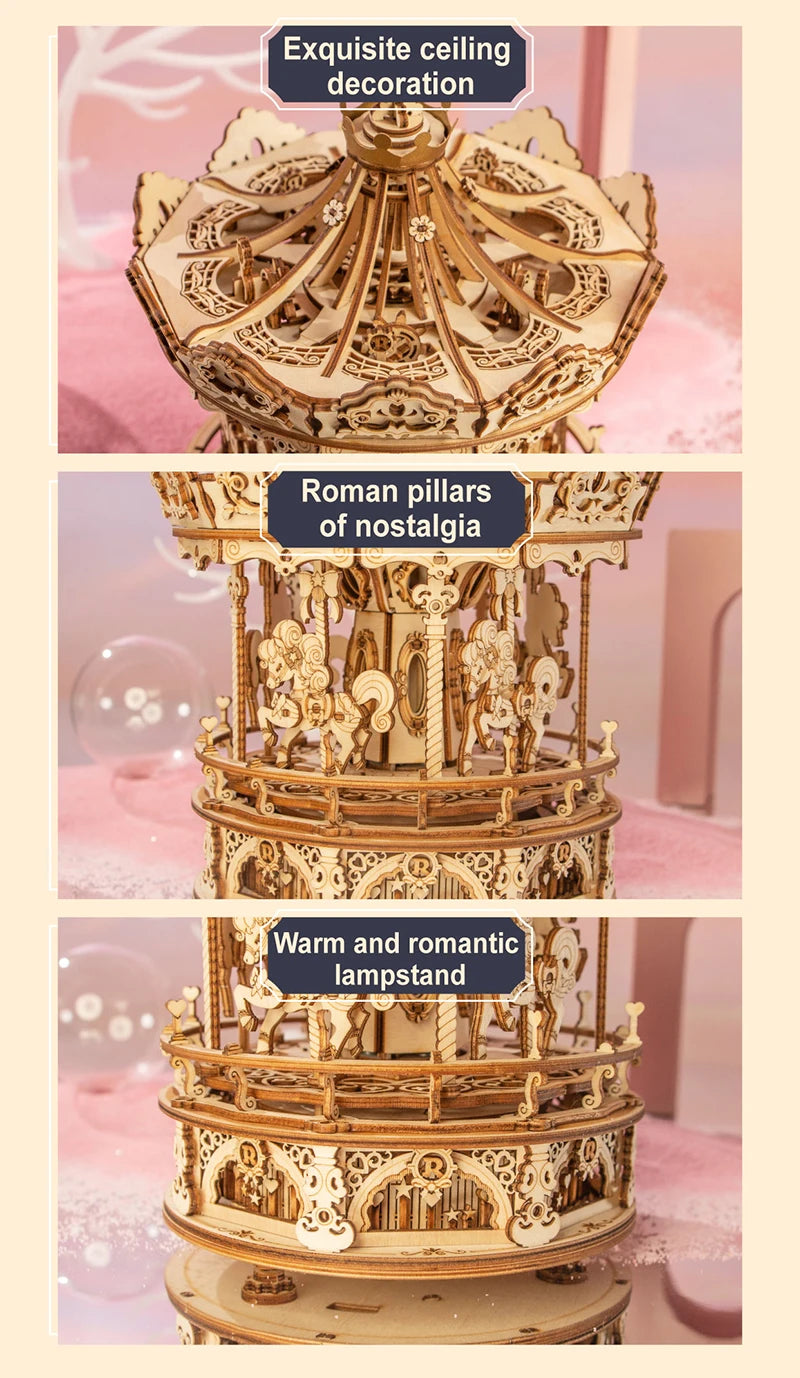 3D Houten Puzzel Carrousel Muziekdoos – DIY Bouwpakket voor Volwassenen en Kinderen – Creatief Cadeau