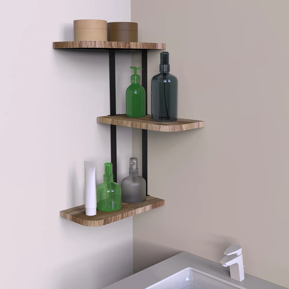 Industrieel Hoek Wandrek van Hout en Metaal – Rustieke Wandplank met 3 Lagen – Hoekplank voor Keuken, Badkamer en Woonkamer