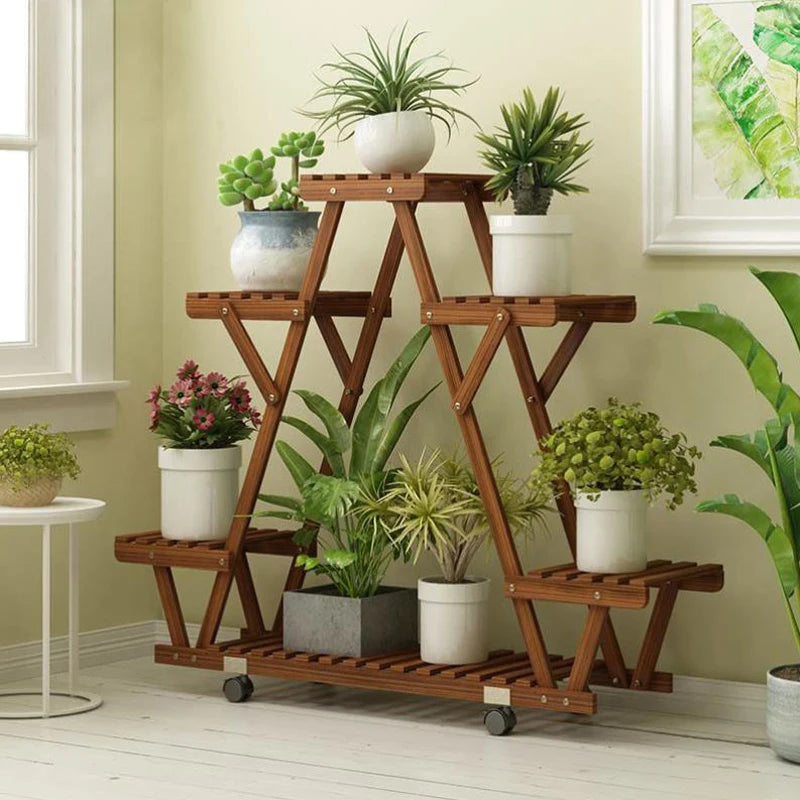 Driehoekig Plantenrek met Wielen – 6 Lagen Houten Bloemenstandaard voor Binnen & Balkon