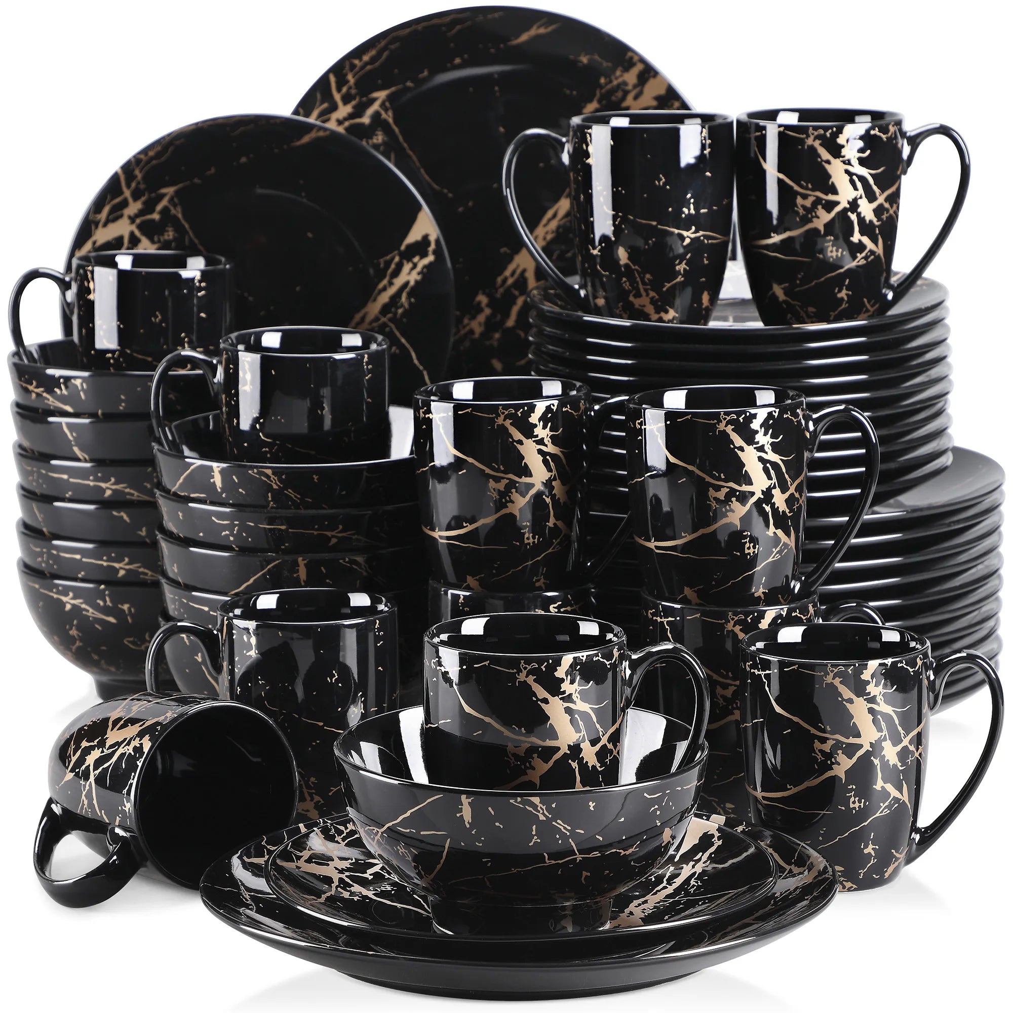 Zwart Porselein Serviesset met Gouden Accenten – 16/32/48 Delig Modern Servies voor 4-12 Personen