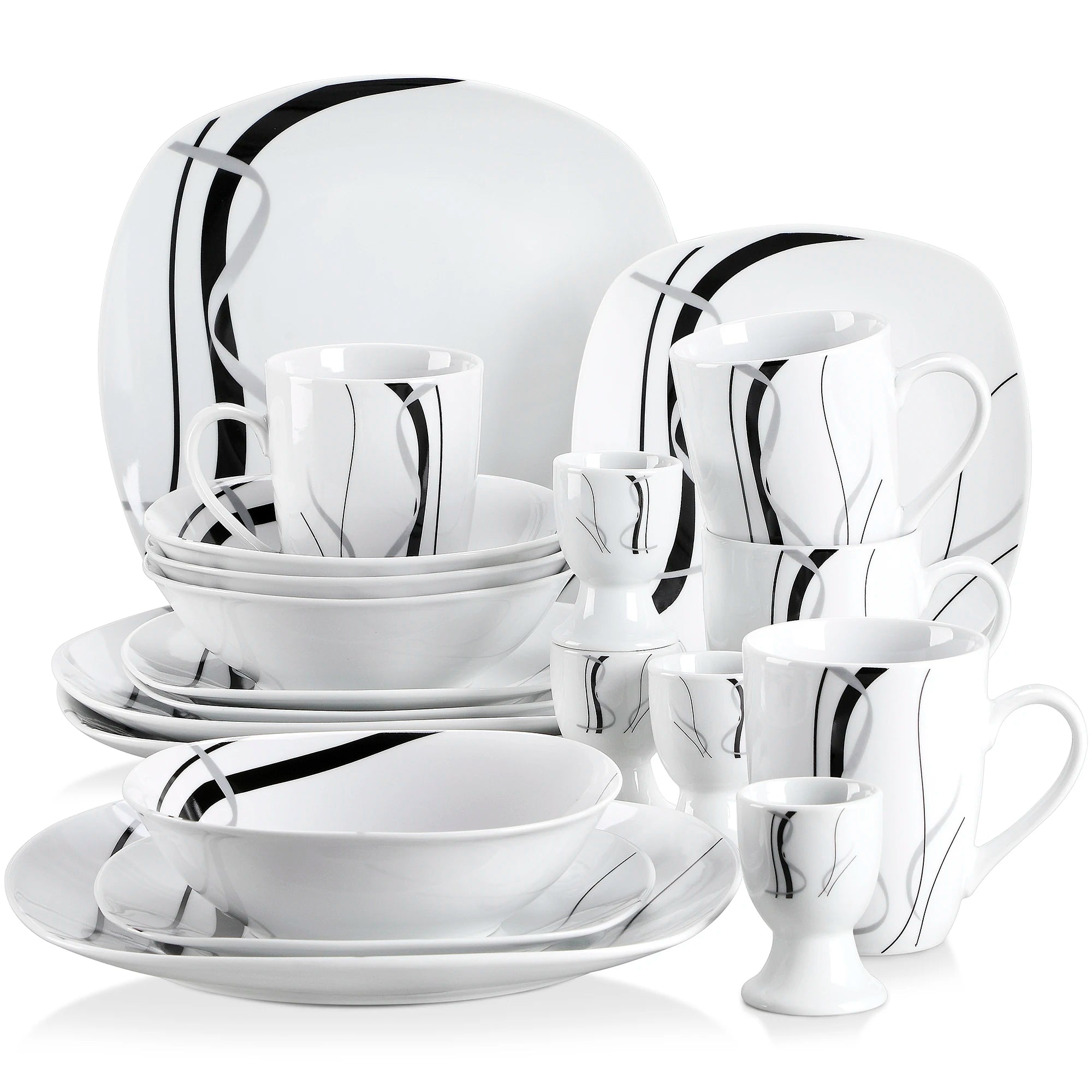 20-delige Serviesset Zwart Gestreept Porselein – Modern Servies voor 4 Personen – Vaatwasserbestendig