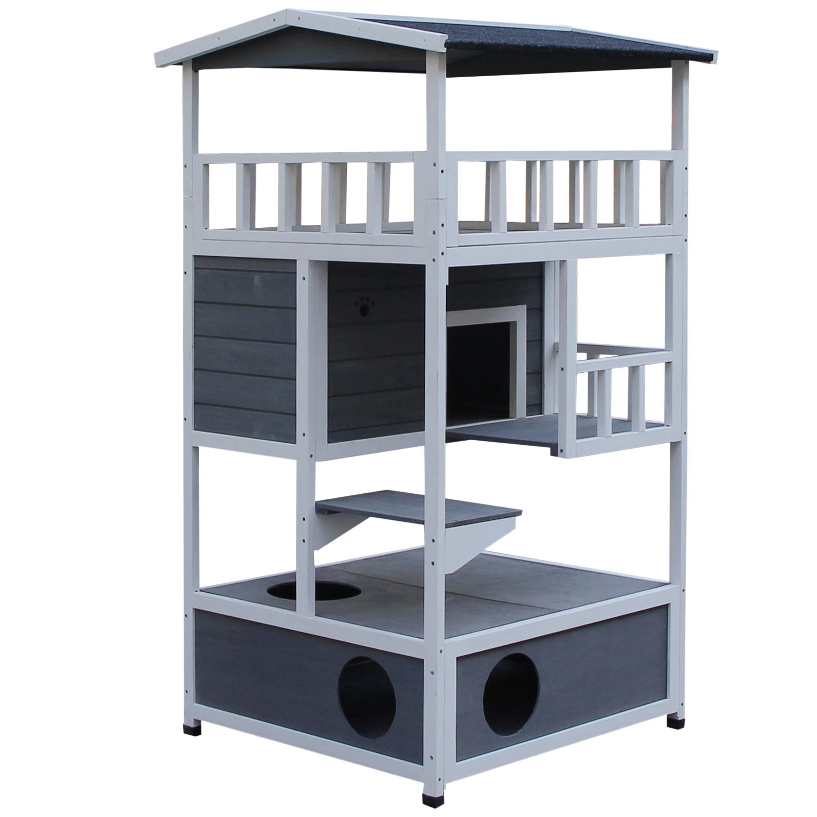 Houten Kattenhuis Buiten & Binnen – 3 Verdiepingen, Weerbestendig Dak, 78x76x140 cm Grijs/Wit