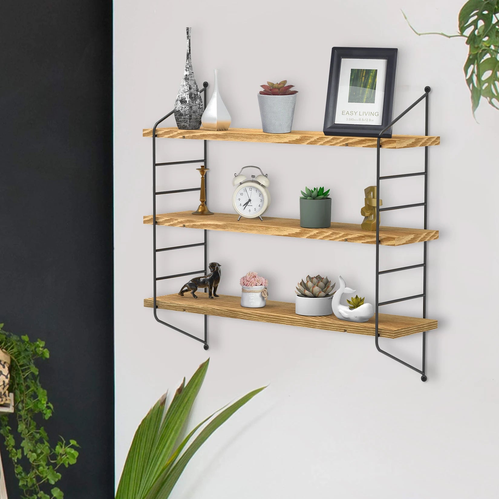 Moderne Zwevende Wandplanken 23 Inch – Industrieel Wandrek met Metaal en Hout = 3-Laags Verstelbare Wandplank