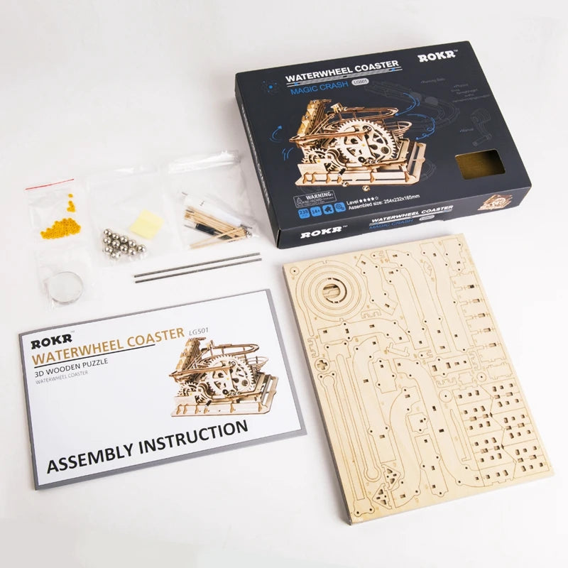 Houten Knikkerbaan Bouwset met Watermolen – DIY Houten Model voor Kinderen en Volwassenen – Creatieve Educatieve Speelset