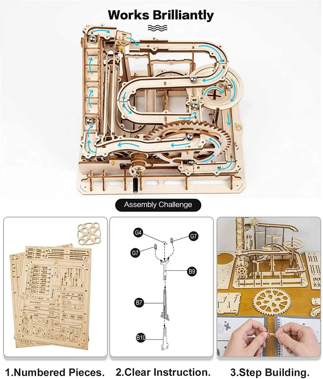 Houten Knikkerbaan Bouwset met Watermolen – DIY Houten Model voor Kinderen en Volwassenen – Creatieve Educatieve Speelset