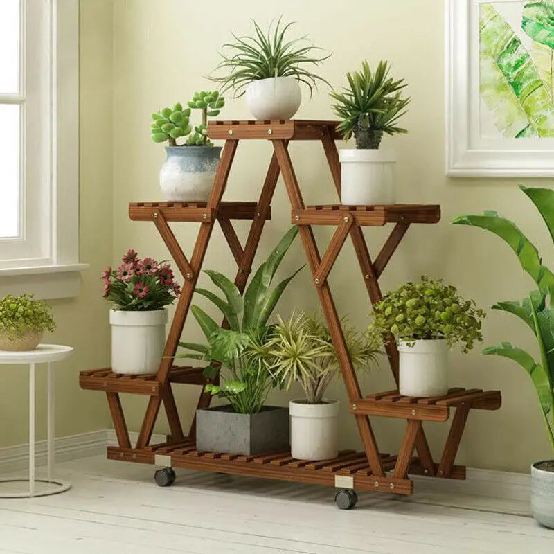 Driehoekig Plantenrek met Wielen – 6 Lagen Houten Bloemenstandaard voor Binnen & Balkon