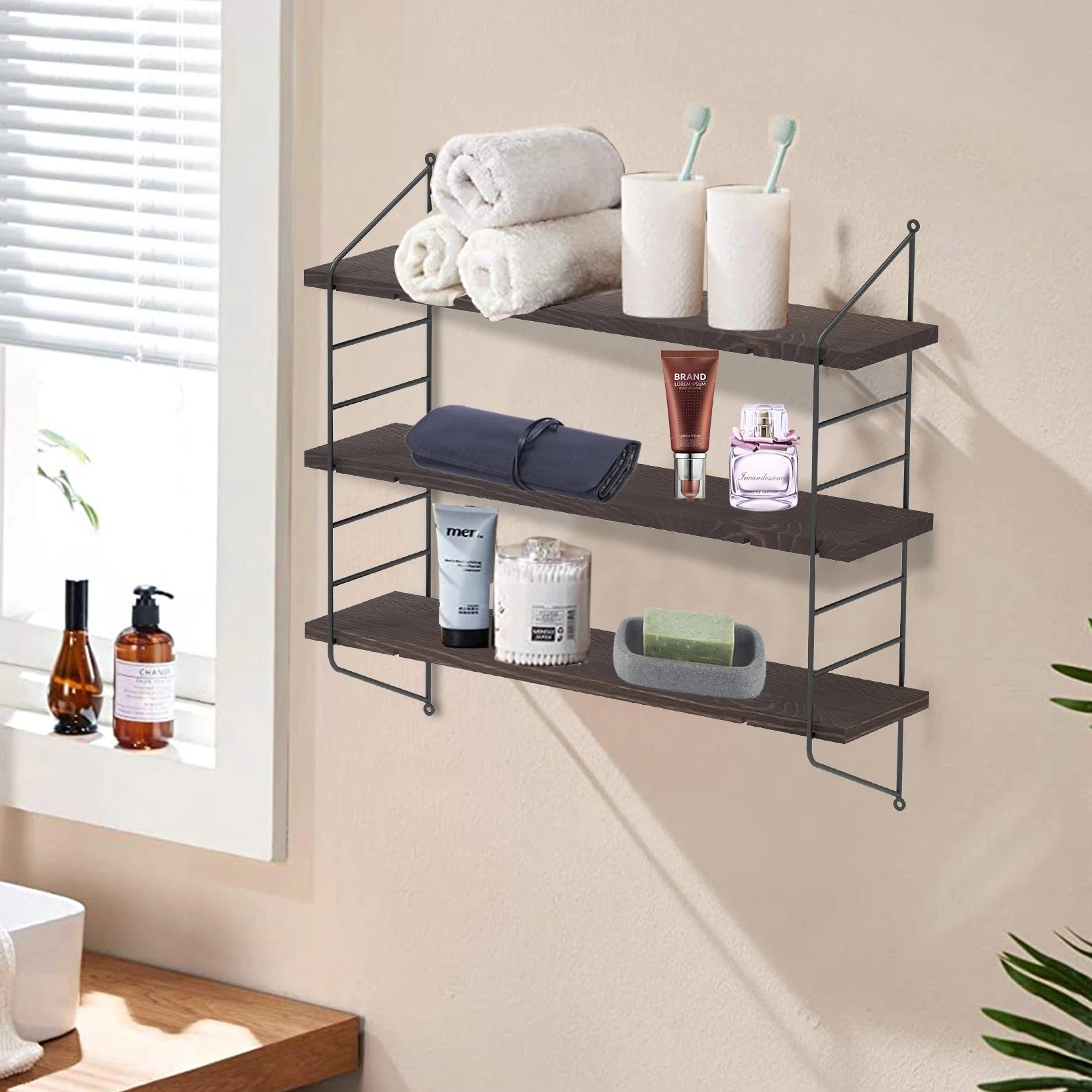 Moderne Zwevende Wandplanken 23 Inch – Industrieel Wandrek met Metaal en Hout = 3-Laags Verstelbare Wandplank