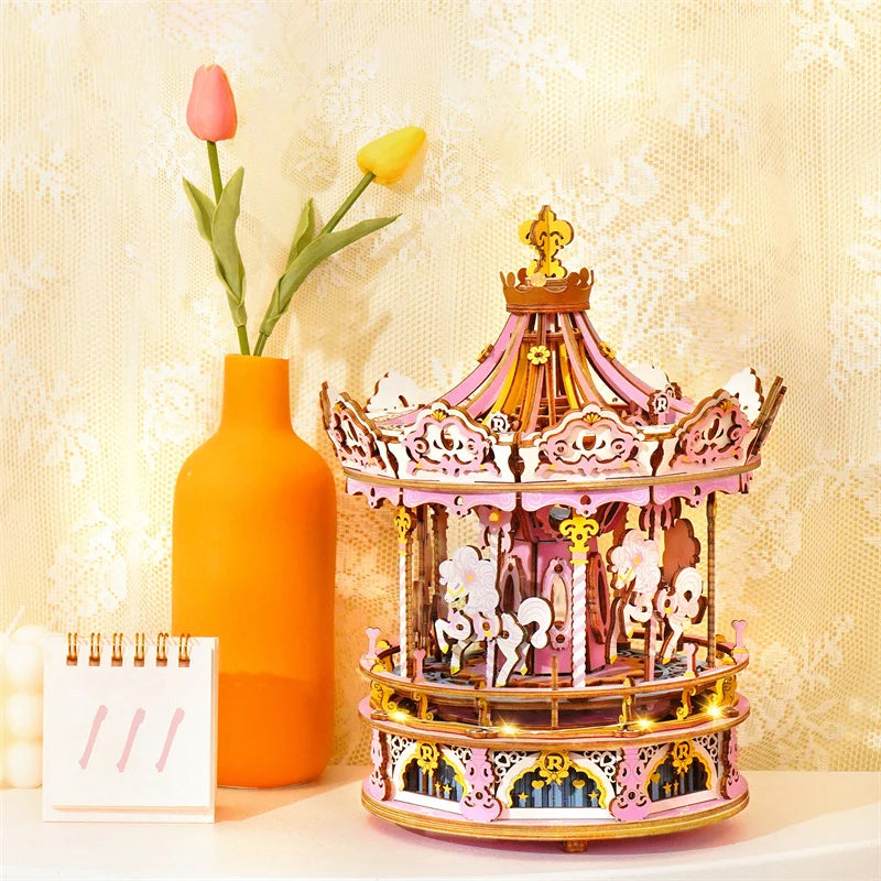 3D Houten Puzzel Carrousel Muziekdoos – DIY Bouwpakket voor Volwassenen en Kinderen – Creatief Cadeau