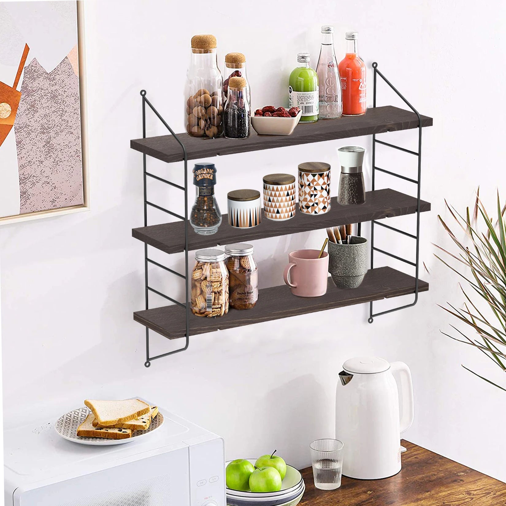 Moderne Zwevende Wandplanken 23 Inch – Industrieel Wandrek met Metaal en Hout = 3-Laags Verstelbare Wandplank