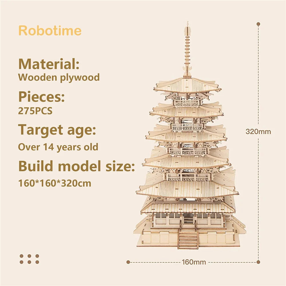 3D Houten Pagode Bouwset 275-delig – Creatief Bouwspeelgoed voor Kinderen en Volwassenen – DIY Puzzel en Decoratie