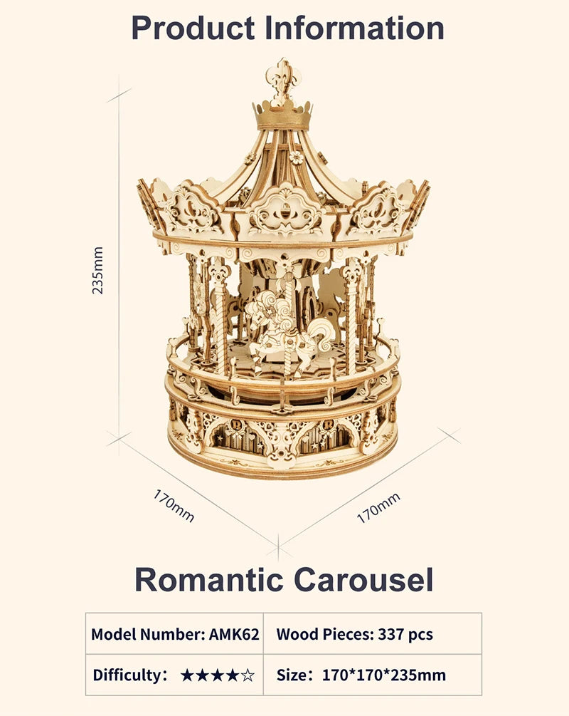 3D Houten Puzzel Carrousel Muziekdoos – DIY Bouwpakket voor Volwassenen en Kinderen – Creatief Cadeau