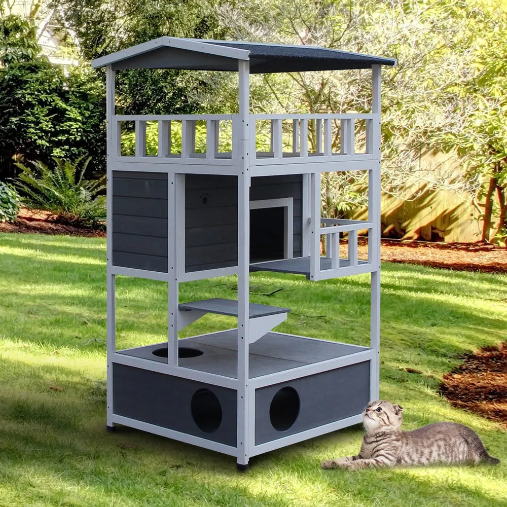 Houten Kattenhuis Buiten & Binnen – 3 Verdiepingen, Weerbestendig Dak, 78x76x140 cm Grijs/Wit