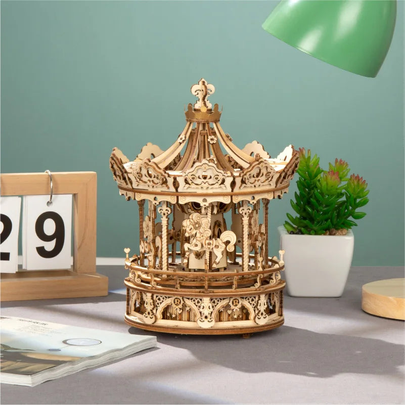 3D Houten Puzzel Carrousel Muziekdoos – DIY Bouwpakket voor Volwassenen en Kinderen – Creatief Cadeau