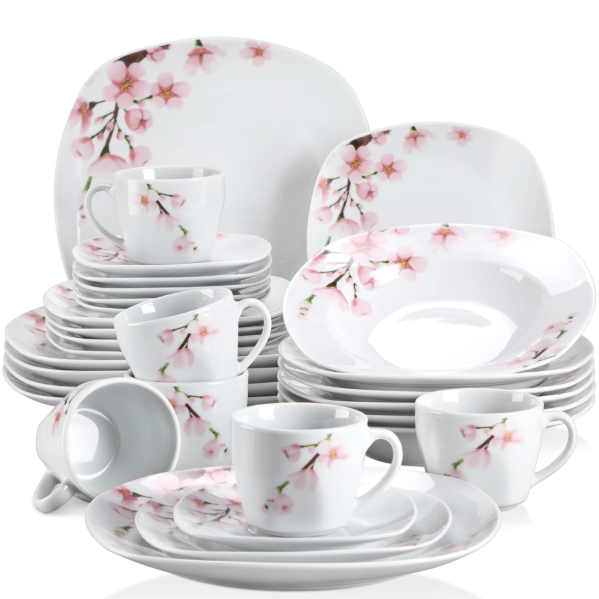 60-delige Porseleinen Servies Set met Roze Bloemen – 12 Personen – Dinerborden, Soepborden, Dessertborden, Kopjes & Schotels – Magnetron & Vaatwasser Bestendig