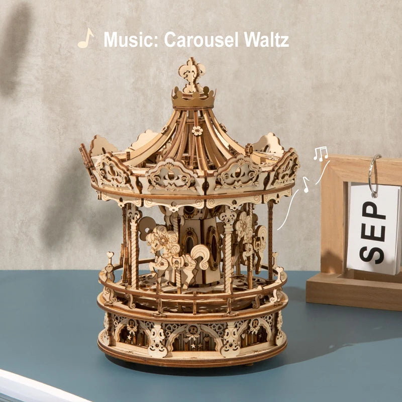 3D Houten Puzzel Carrousel Muziekdoos – DIY Bouwpakket voor Volwassenen en Kinderen – Creatief Cadeau