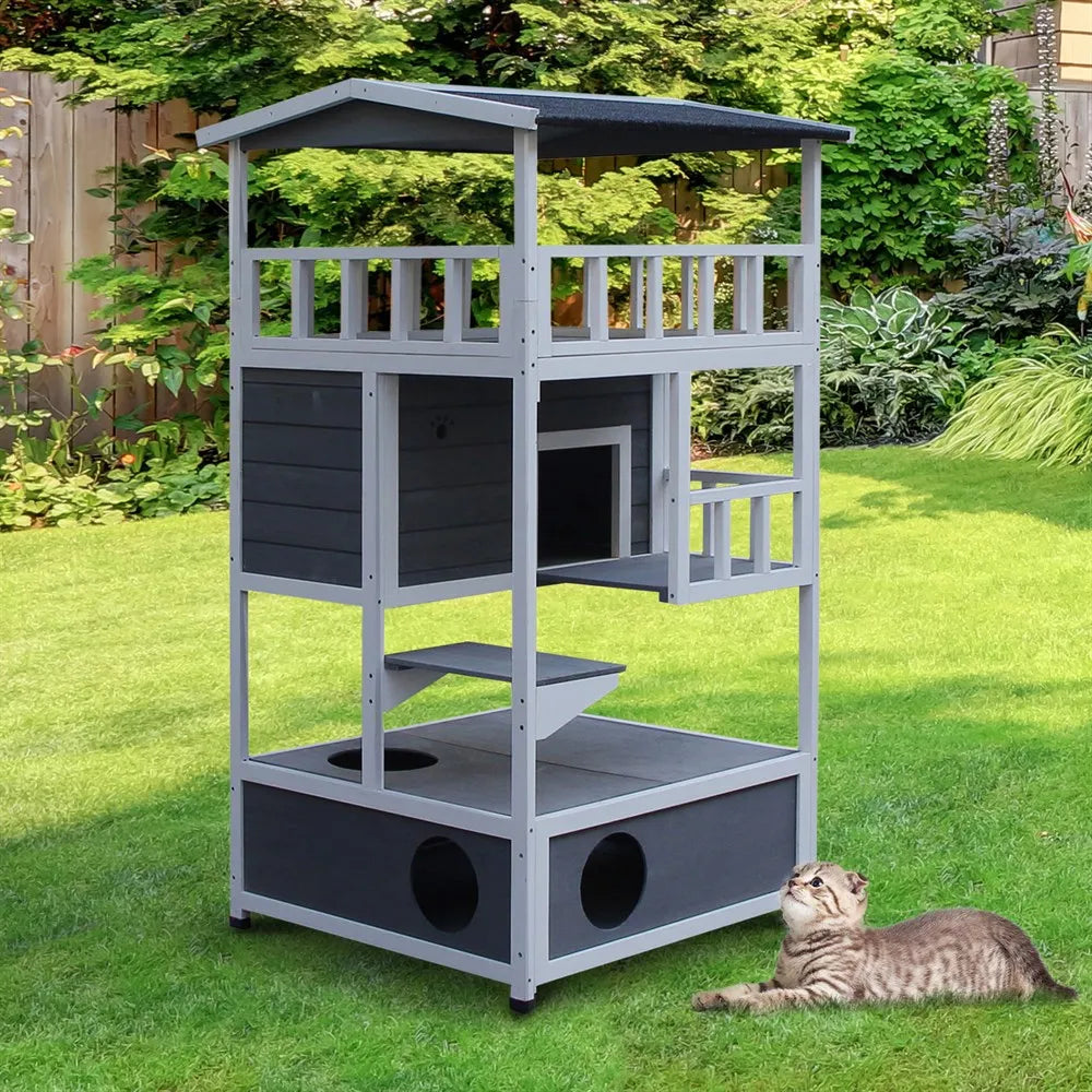 Houten Kattenhuis Buiten & Binnen – 3 Verdiepingen, Weerbestendig Dak, 78x76x140 cm Grijs/Wit