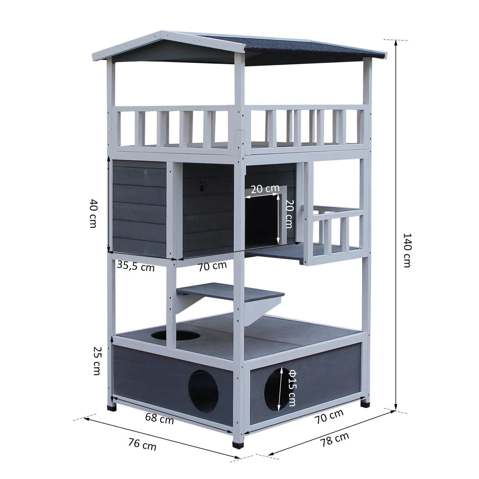Houten Kattenhuis Buiten & Binnen – 3 Verdiepingen, Weerbestendig Dak, 78x76x140 cm Grijs/Wit
