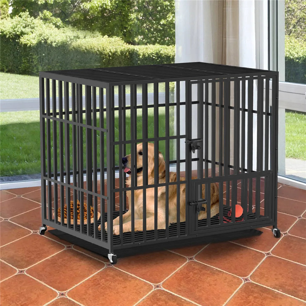 Stevige Hondenkooi met 3 Deuren en Wieltjes – Grote Metalen Hondenbench 37–46 Inch voor Grote Honden Binnen