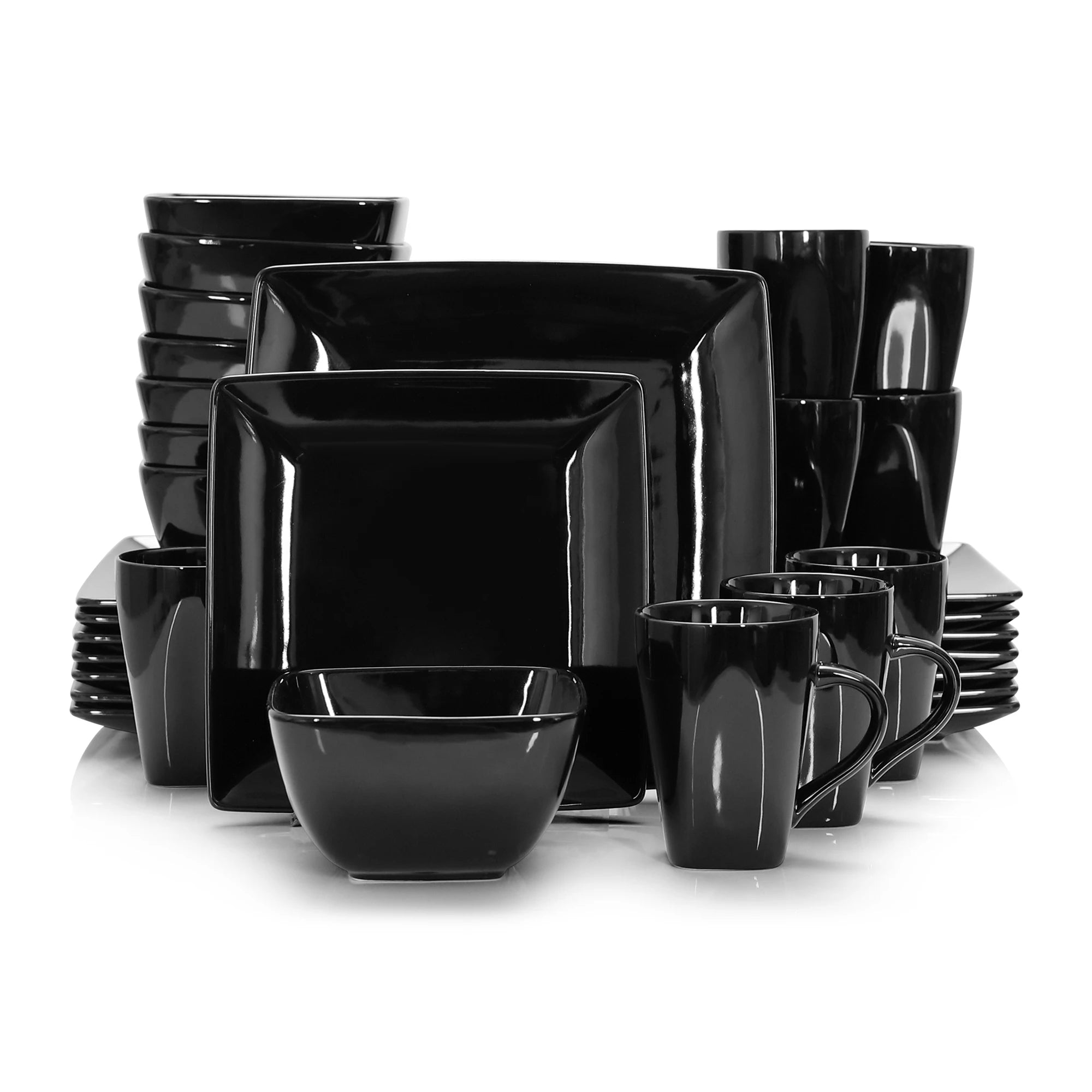 Zwart Serviesset Keramiek – 16, 32 of 48 Delige Moderne Vierkante Servies Set met Borden, Kommen en Mokken – Luxe Tafelservies