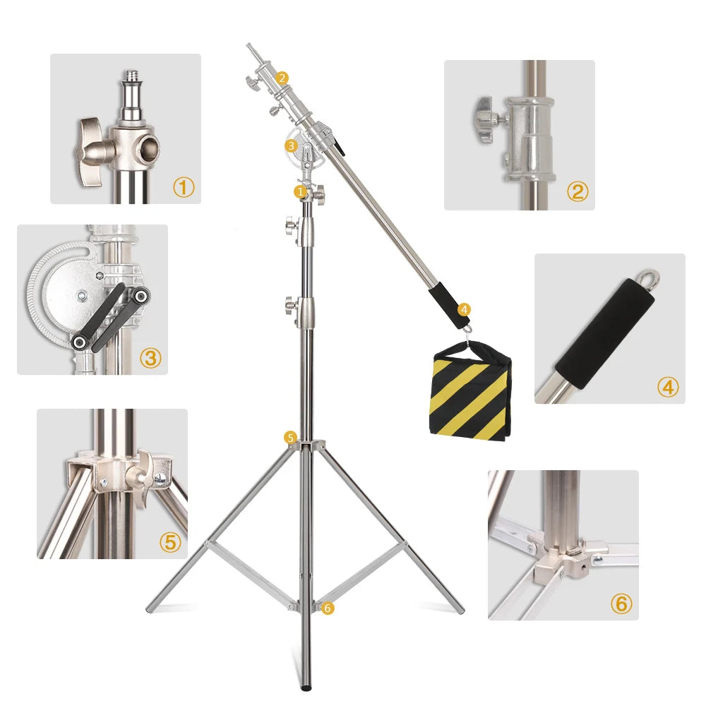 Professioneel Lichtstatief 2,9 m – RVS Kruisarm met Gewichtszak – Fotostudio Statief voor Camera’s en Softboxen