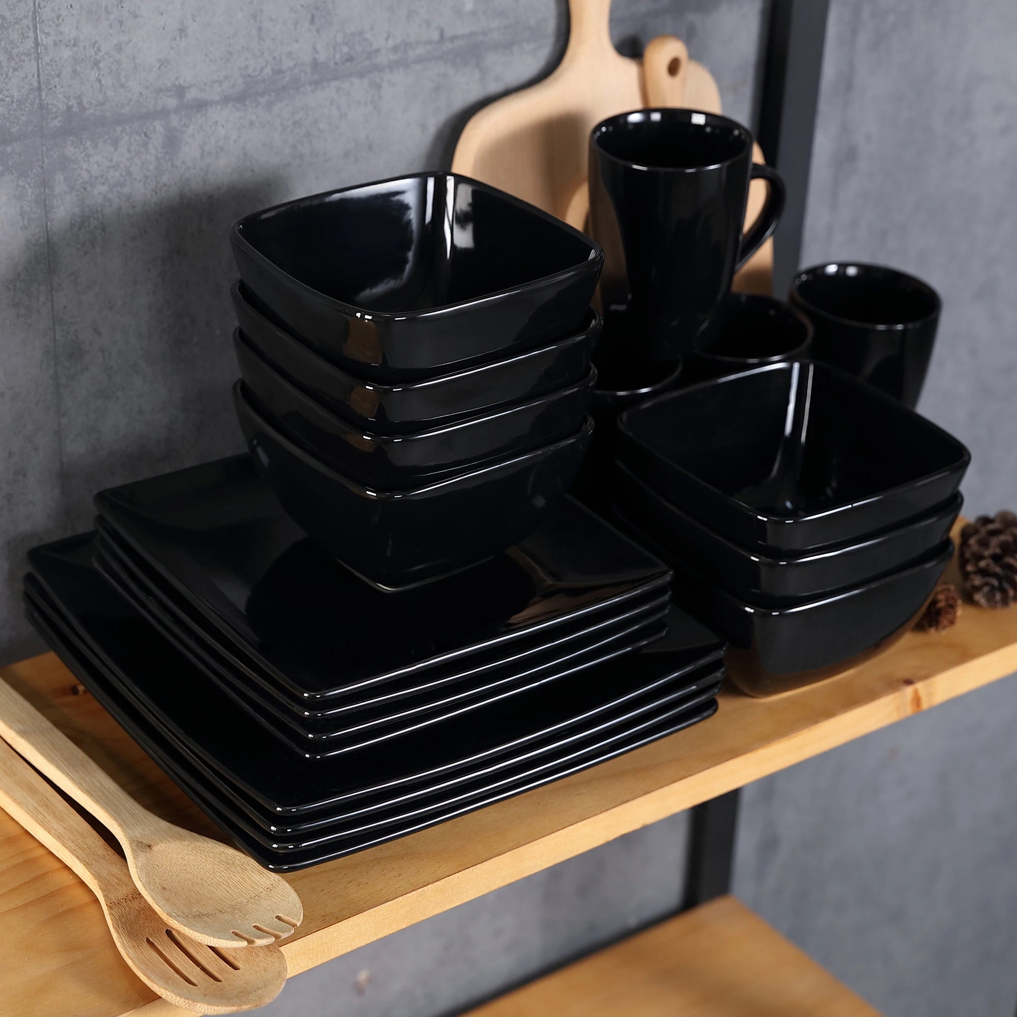 Zwart Serviesset Keramiek – 16, 32 of 48 Delige Moderne Vierkante Servies Set met Borden, Kommen en Mokken – Luxe Tafelservies
