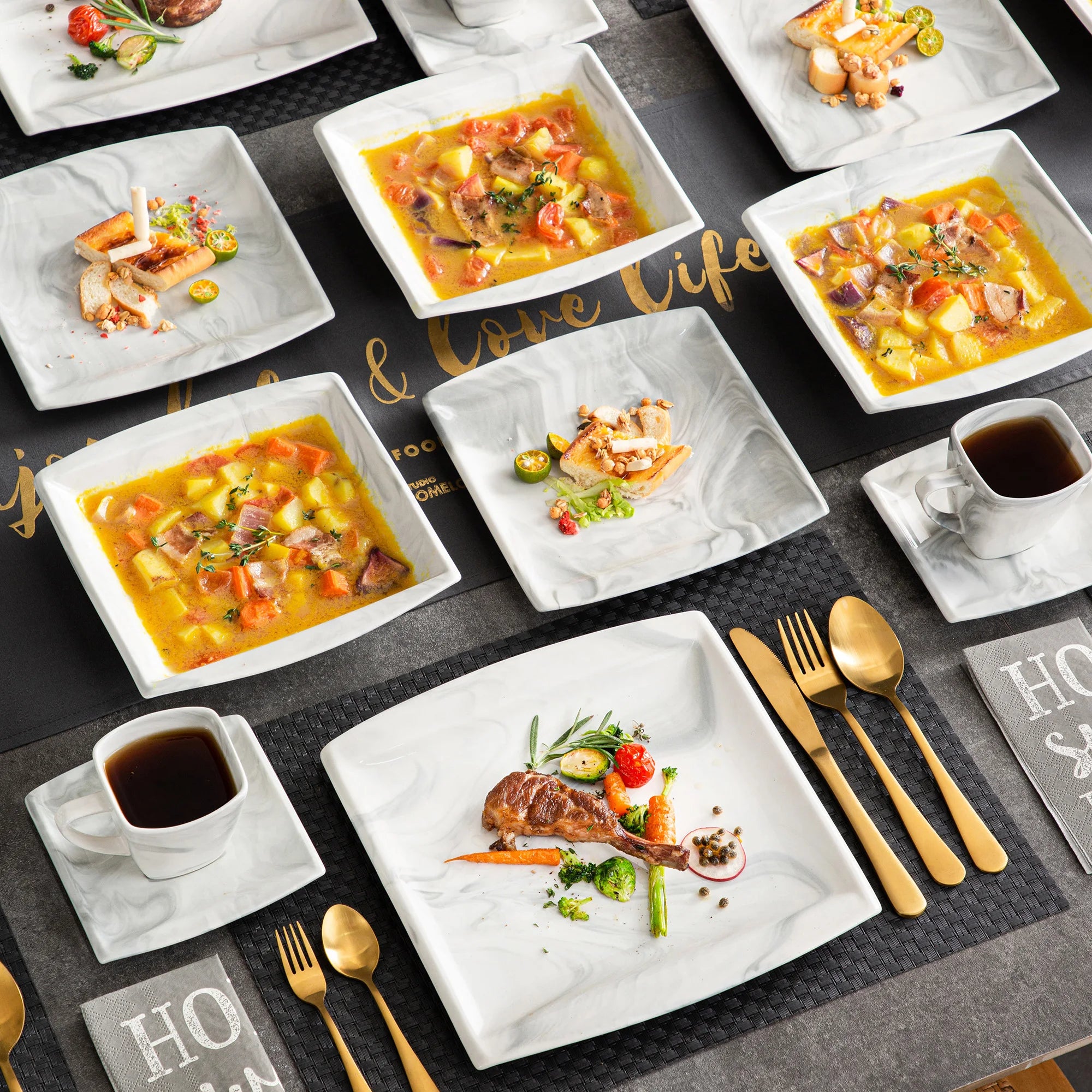 Marmergrijze porseleinen serviesset – servies voor 12 personen met kopjes, schoteltjes, dessertborden, soepborden en dinerborden.