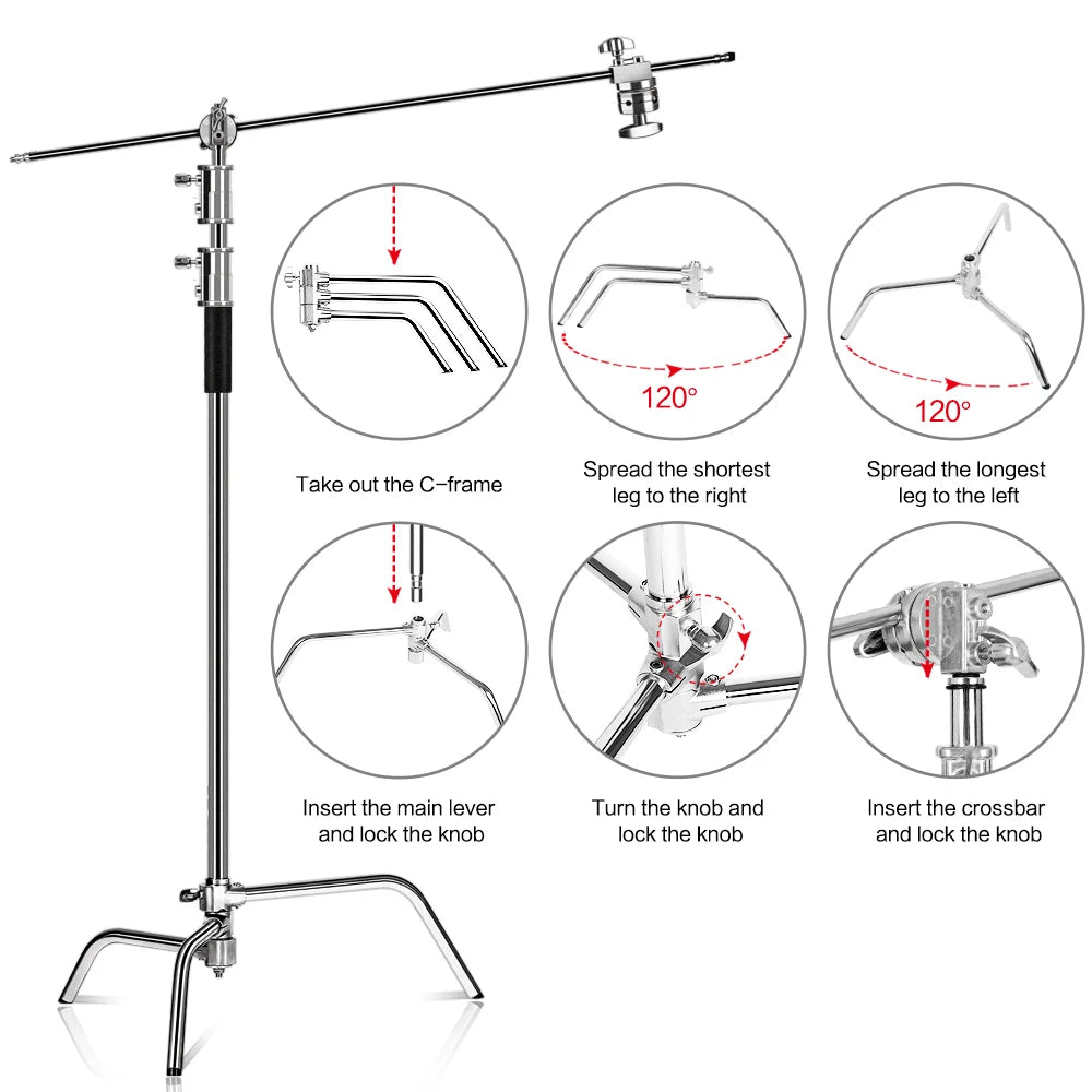 Opvouwbaar RVS Lichtstatief 2,6M – Professioneel Driepoot C-Stand Statief met Dwarsbalk en Klemmen voor Fotografie en Studioverlichting