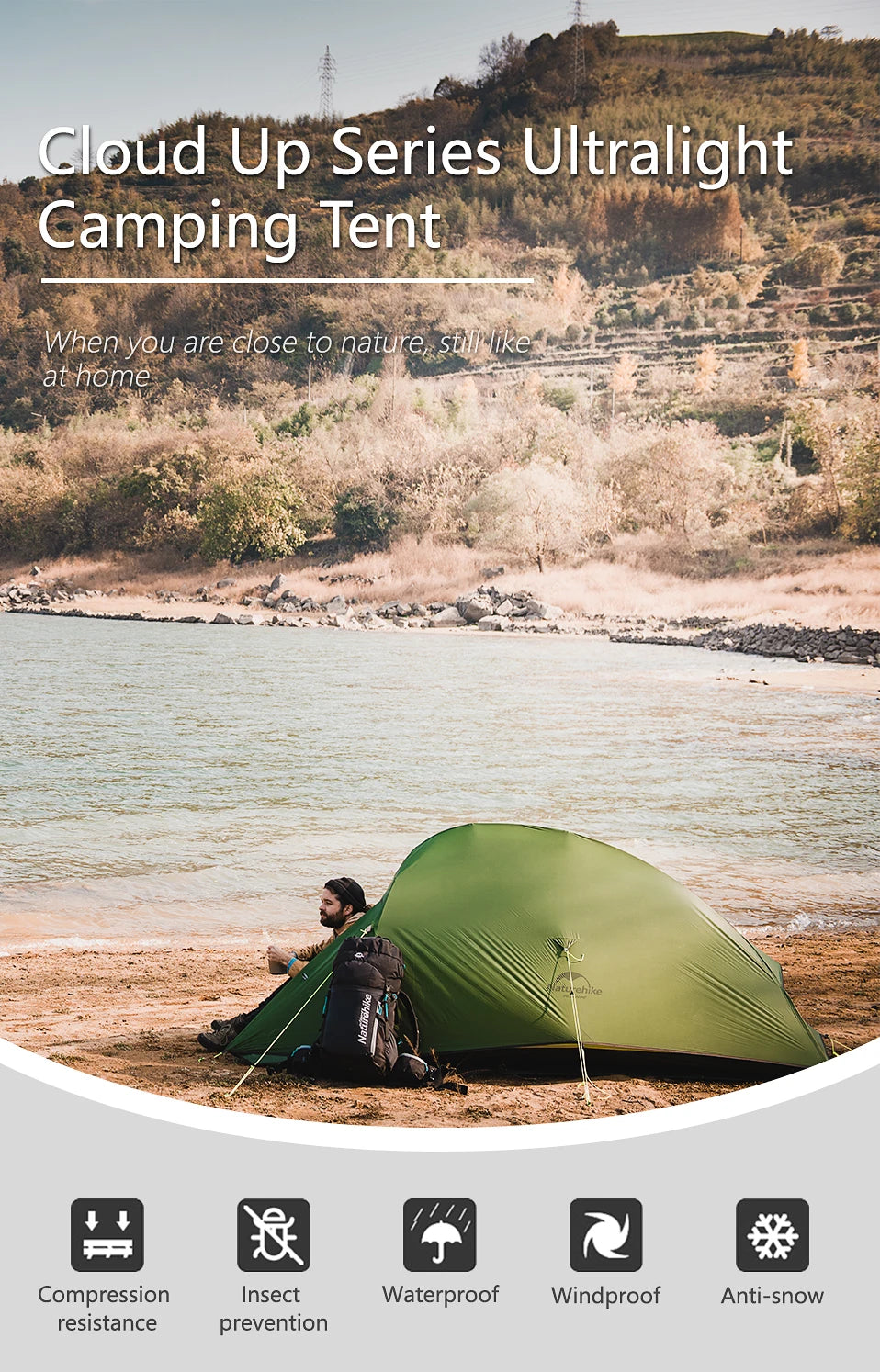 Ultralichte 1-Persoons Fietstent – Waterdichte Trekkingtent voor Backpacken en Kamperen