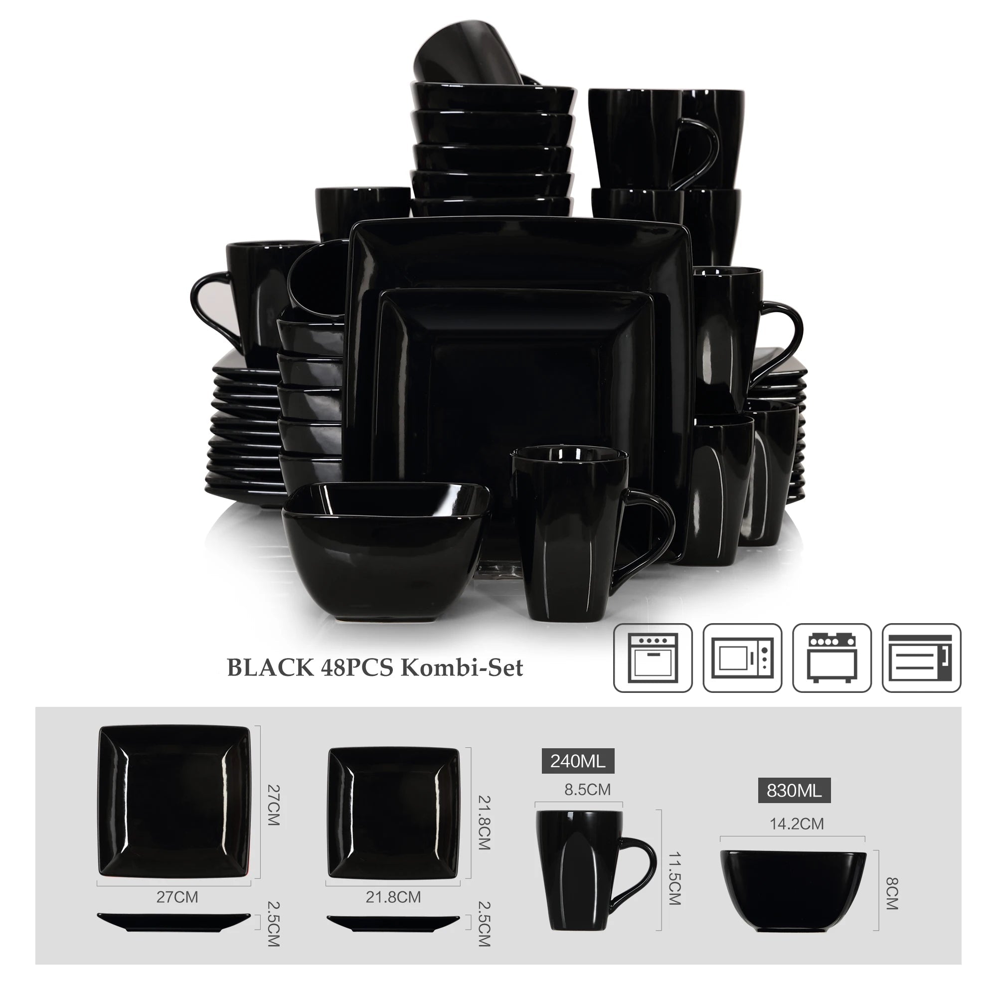 Zwart Serviesset Keramiek – 16, 32 of 48 Delige Moderne Vierkante Servies Set met Borden, Kommen en Mokken – Luxe Tafelservies