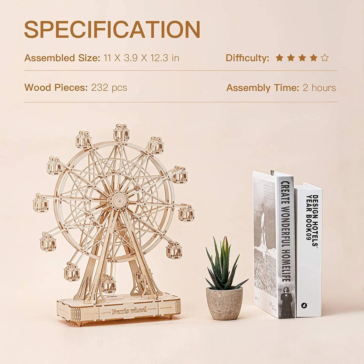 3D Houten Reuzenrad Bouwset – 232-Delig DIY Model met Muziekdoos – Mechanische Puzzel Cadeau voor Volwassenen en Tieners