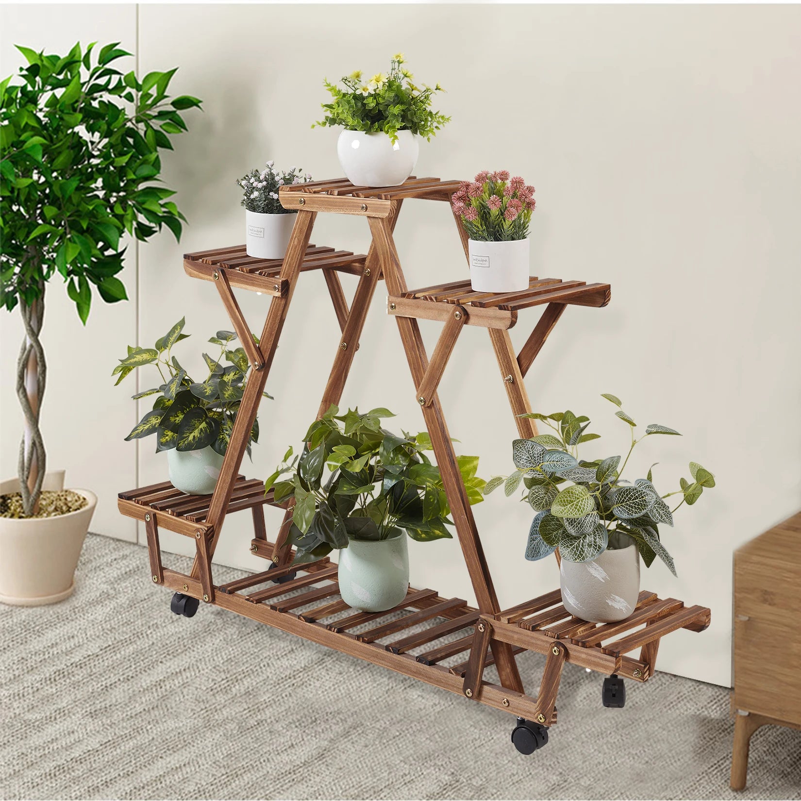 Driehoekig Plantenrek met Wielen – 6 Lagen Houten Bloemenstandaard voor Binnen & Balkon