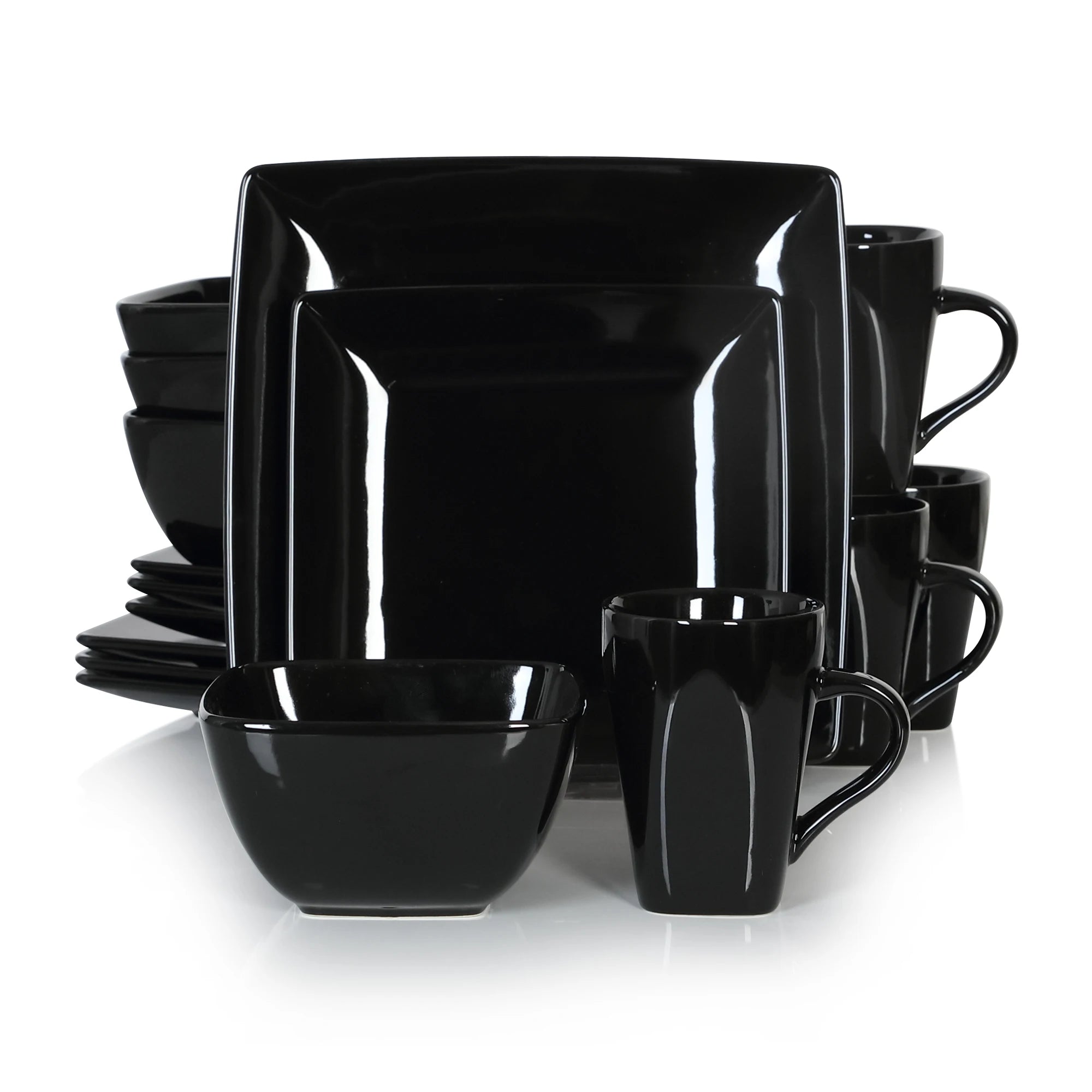 Zwart Serviesset Keramiek – 16, 32 of 48 Delige Moderne Vierkante Servies Set met Borden, Kommen en Mokken – Luxe Tafelservies