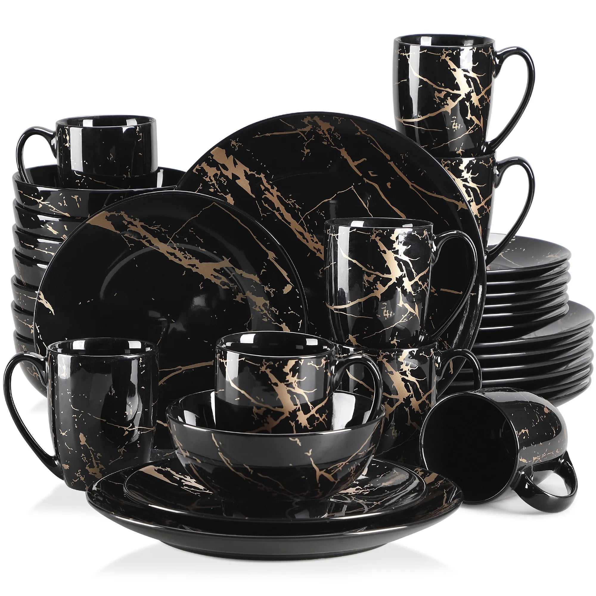 Zwart Porselein Serviesset met Gouden Accenten – 16/32/48 Delig Modern Servies voor 4-12 Personen