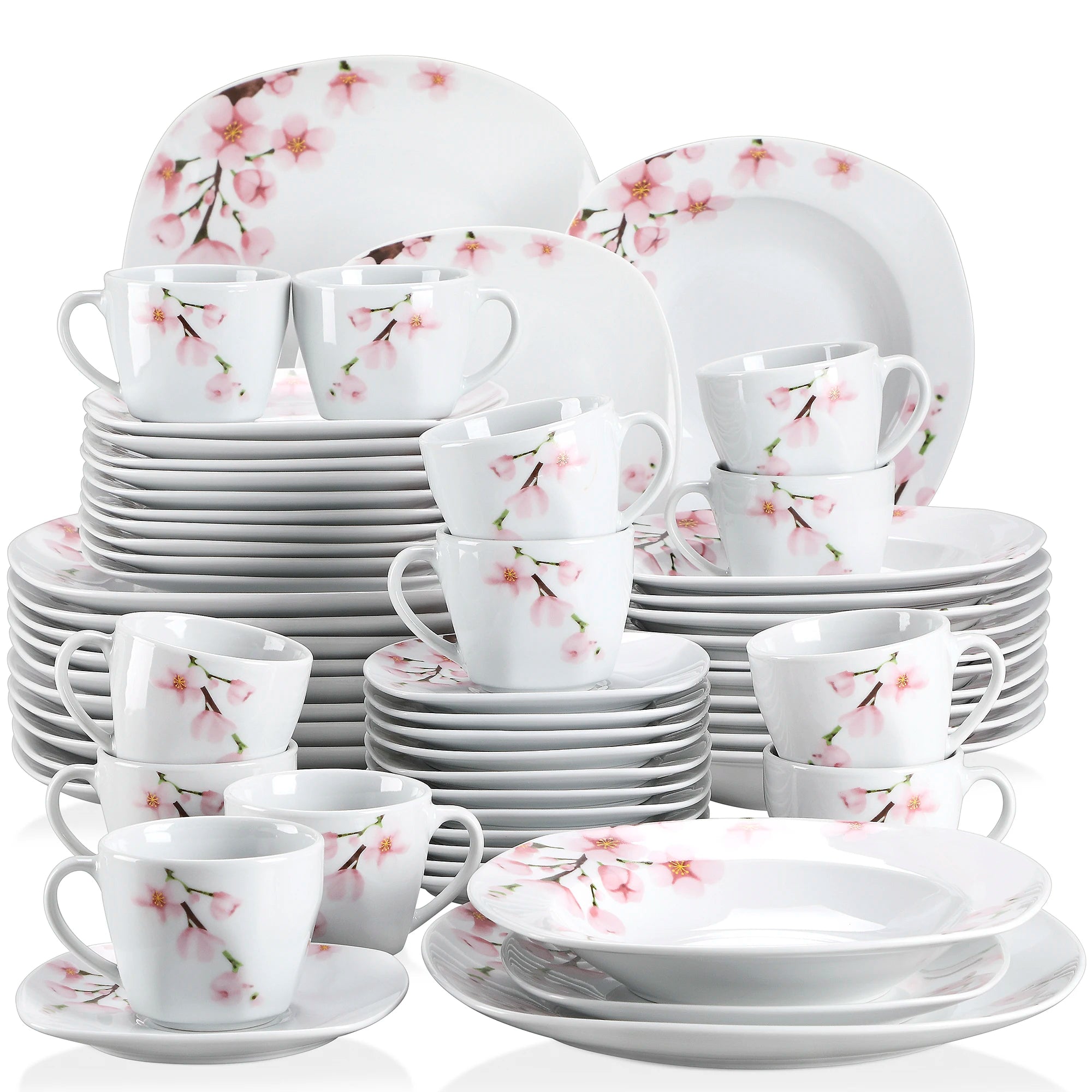 60-delige Porseleinen Servies Set met Roze Bloemen – 12 Personen – Dinerborden, Soepborden, Dessertborden, Kopjes & Schotels – Magnetron & Vaatwasser Bestendig