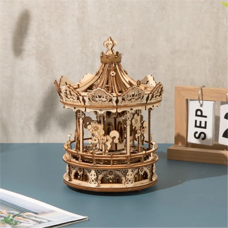 3D Houten Puzzel Carrousel Muziekdoos – DIY Bouwpakket voor Volwassenen en Kinderen – Creatief Cadeau