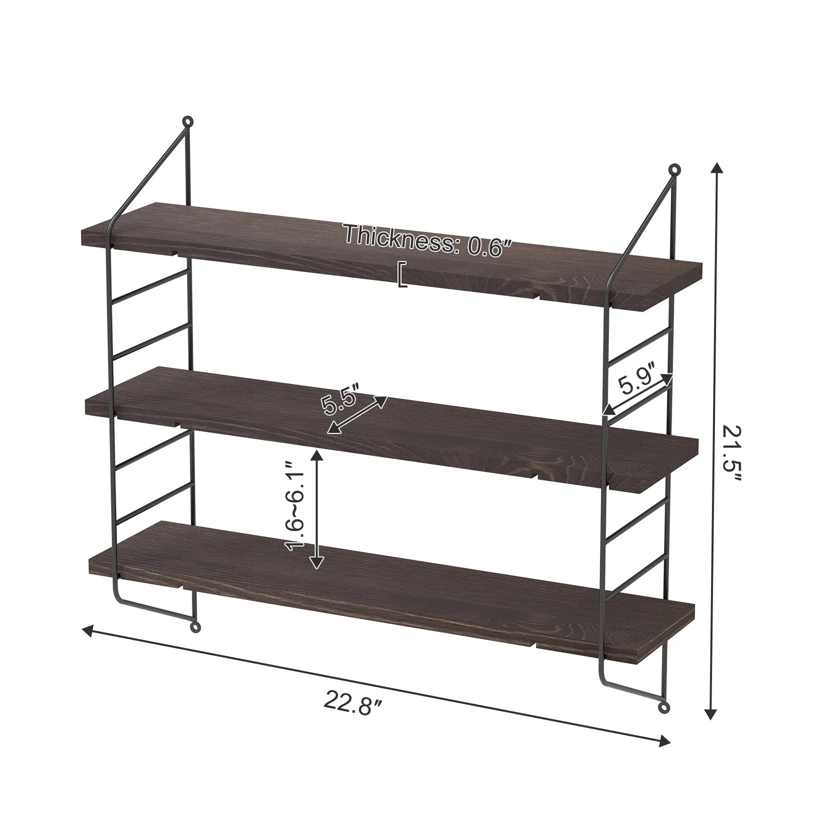 Moderne Zwevende Wandplanken 23 Inch – Industrieel Wandrek met Metaal en Hout = 3-Laags Verstelbare Wandplank