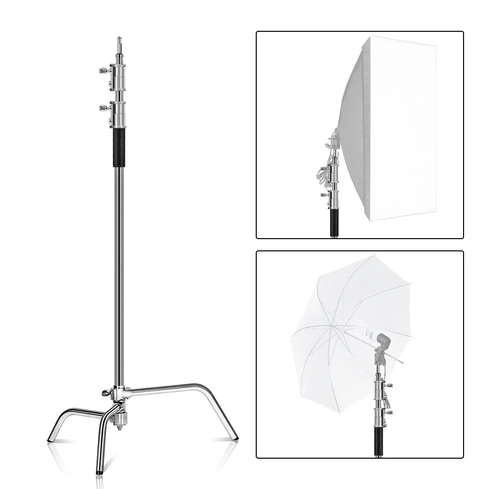 Opvouwbaar RVS Lichtstatief 2,6M – Professioneel Driepoot C-Stand Statief met Dwarsbalk en Klemmen voor Fotografie en Studioverlichting