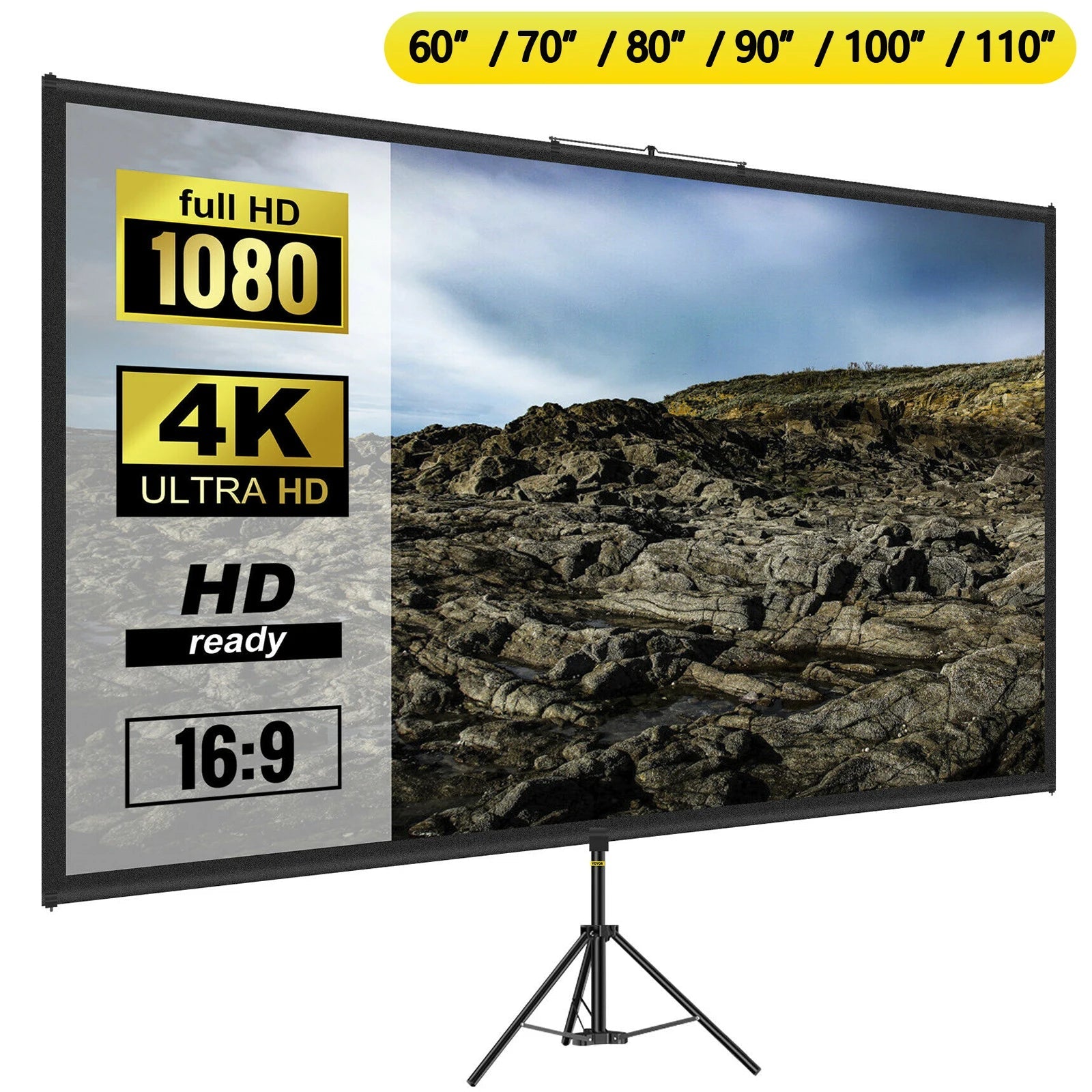 Draagbaar Projectiescherm met Statief 60-110 Inch 16:9 4K HD voor Thuisbioscoop en Presentaties