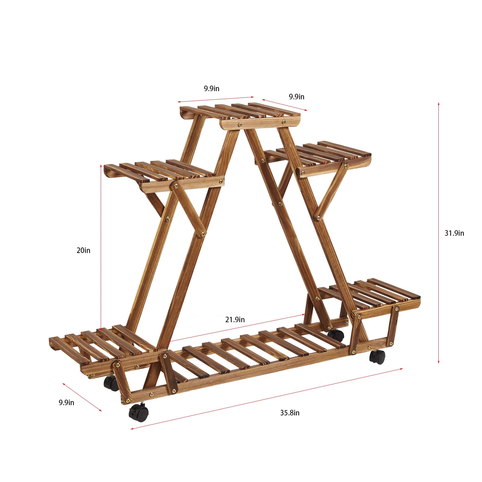 Driehoekig Plantenrek met Wielen – 6 Lagen Houten Bloemenstandaard voor Binnen & Balkon