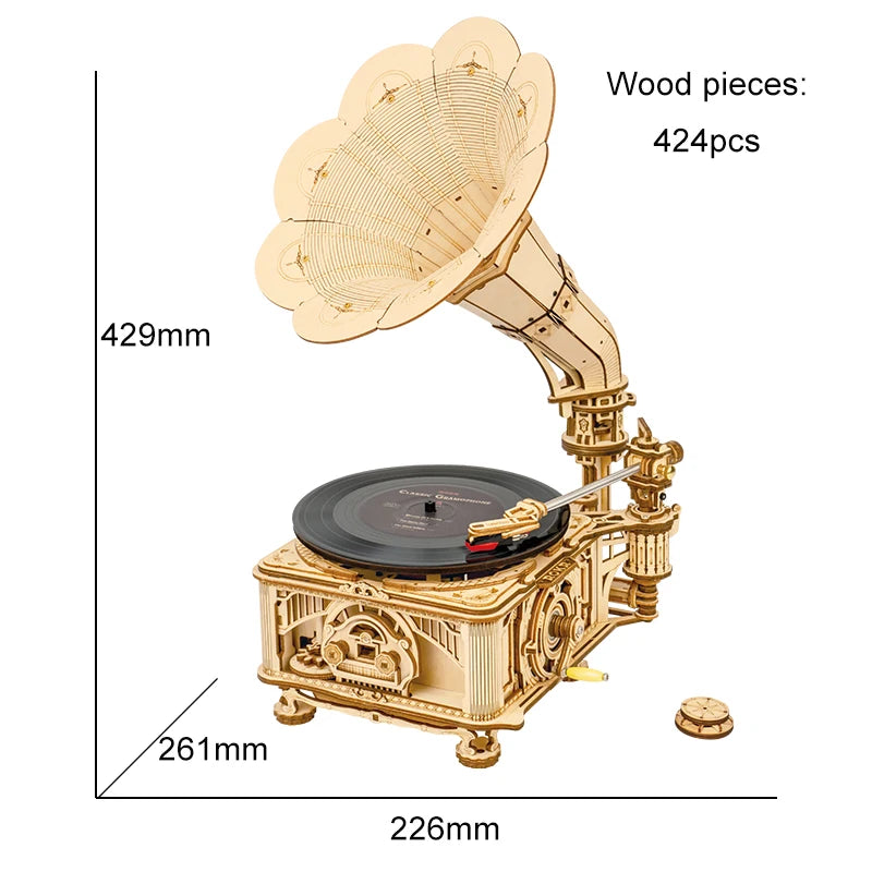 Houten Handmatige Grammofoon Puzzel – 424-delige 3-snelheden DIY Bouwpakket voor Kinderen en Hobbyisten
