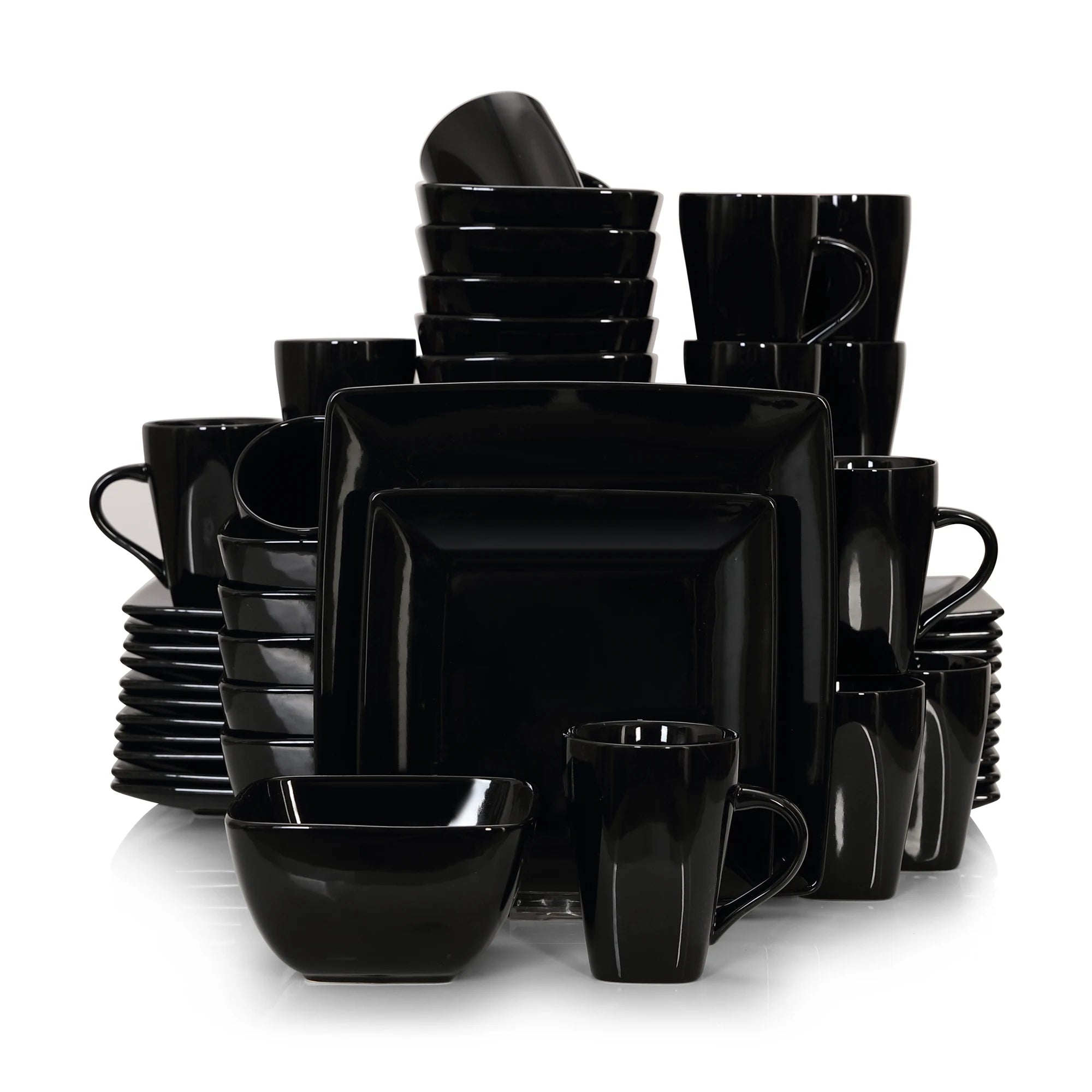 Zwart Serviesset Keramiek – 16, 32 of 48 Delige Moderne Vierkante Servies Set met Borden, Kommen en Mokken – Luxe Tafelservies