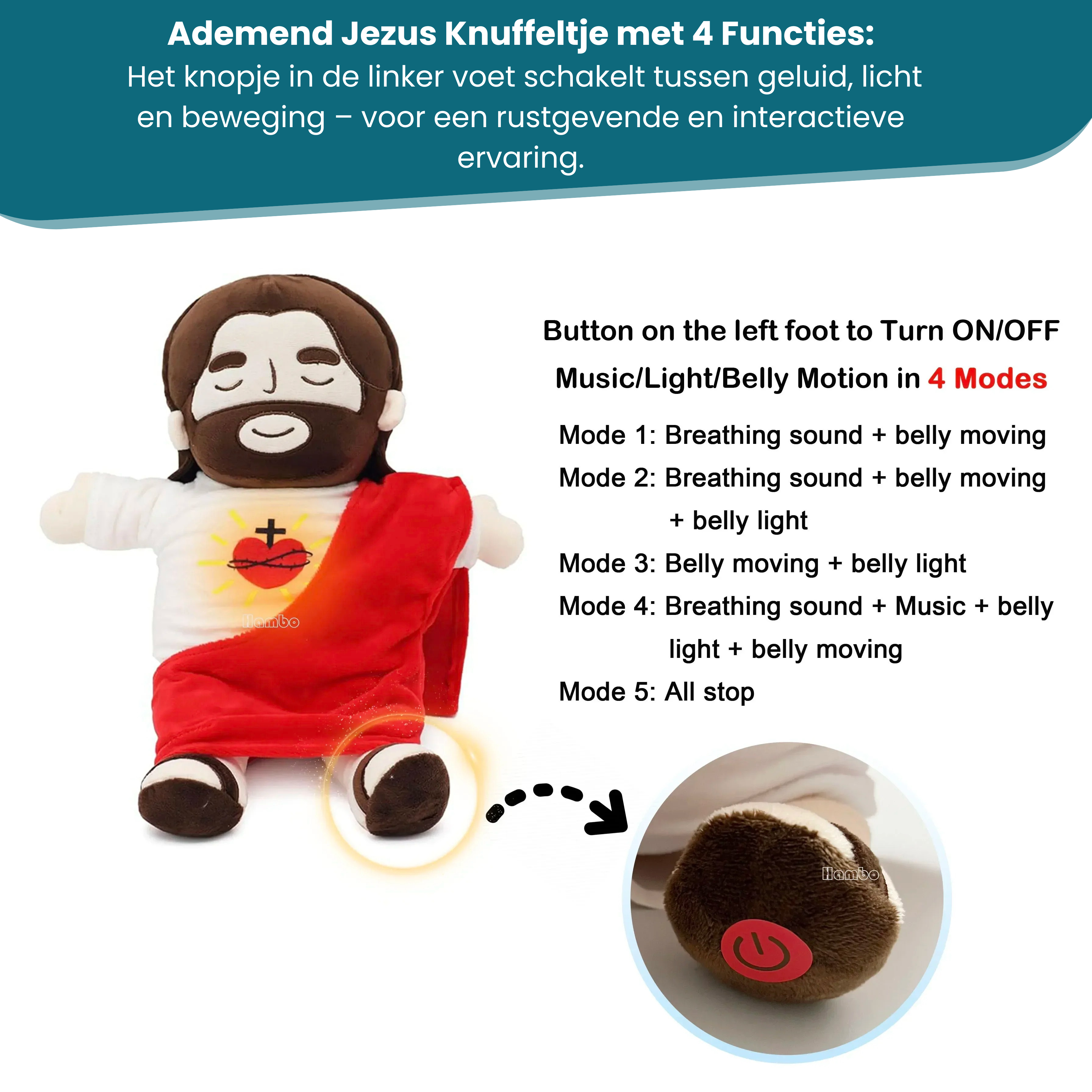 Jezus Pluche Knuffel met Lichtgevend & Ademend Hart – Voor Kinderen