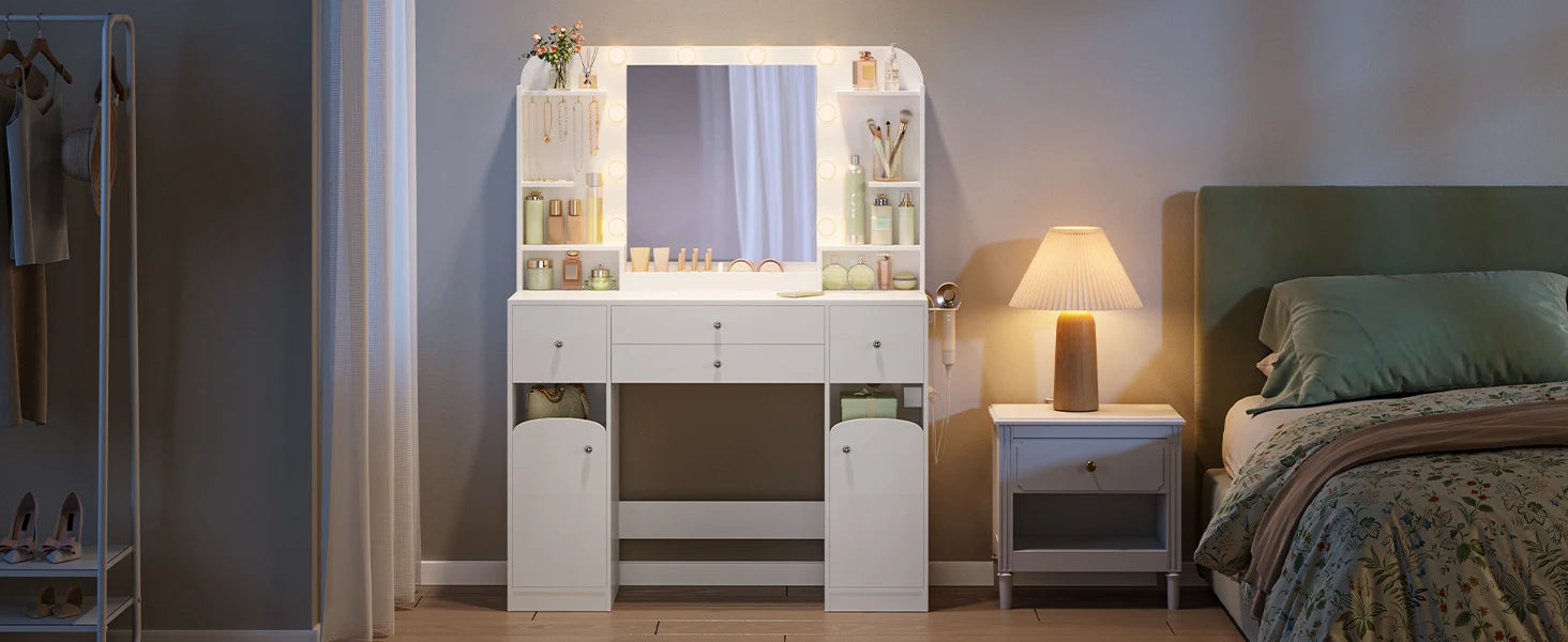 Kaptafel met LED Verlichting en Spiegel – Moderne Make-up Tafel met Stopcontact, USB, Lade & Sieraden Opbergruimte – Wit