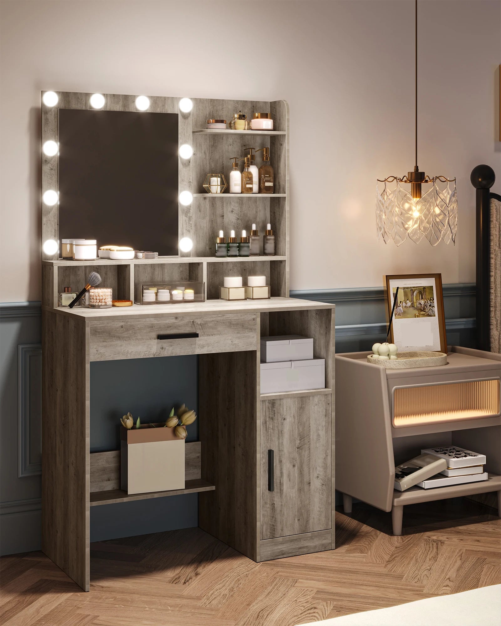 Make-up Tafel met Spiegel en LED Verlichting – Dressing Table met Lade, Planken en Opbergruimte – Modern Minimalistisch