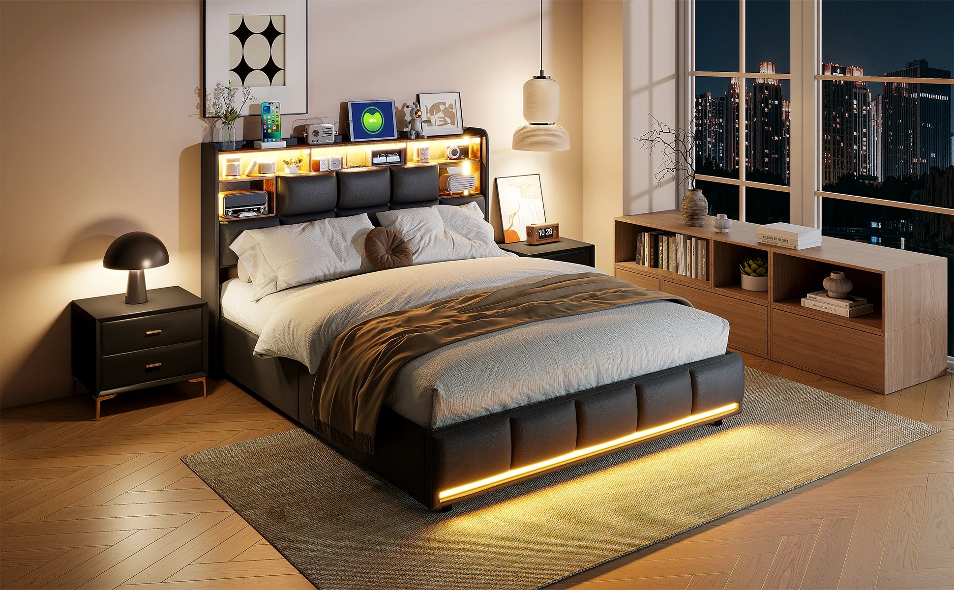 Gestoffeerd Tweepersoonsbed 140x200 cm met LED‑verlichting, USB‑Oplaadpoort en Hydraulische Opbergruimte