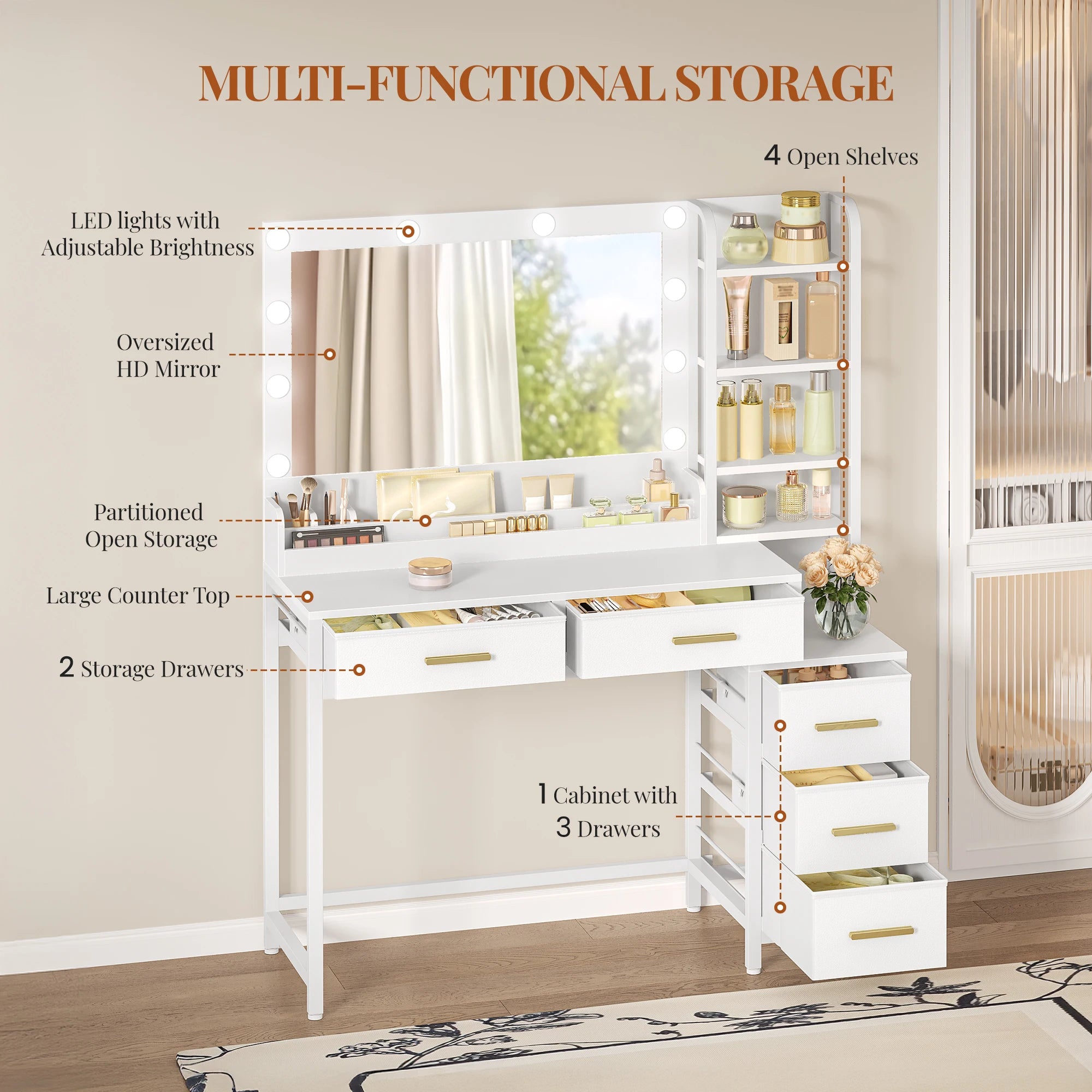 Moderne Make‑up Dressing Table met Grote Spiegel en 5 Laden – Stijlvolle Opbergoplossing