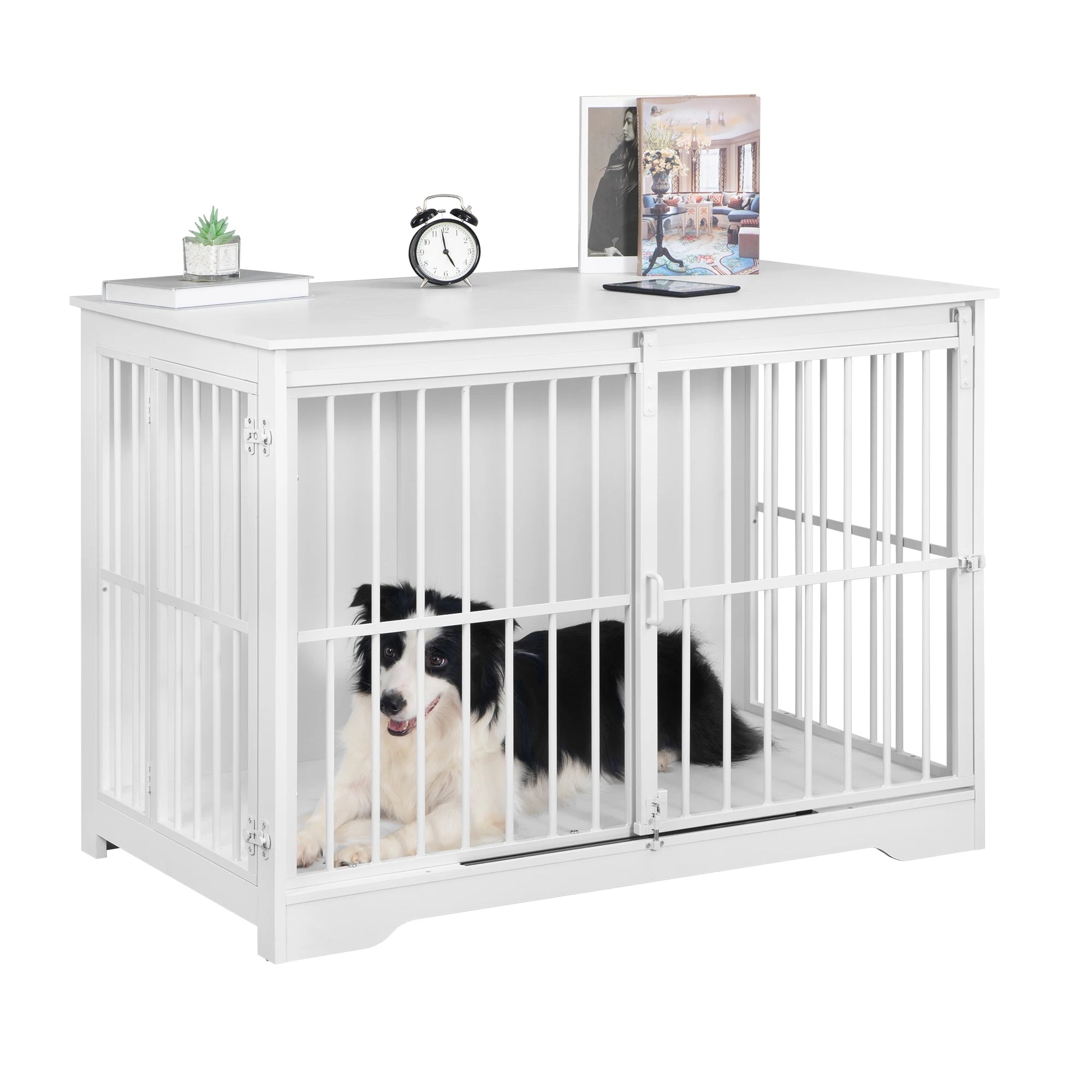 Houten Hondenbench Meubel XL met Schuifdeur – Design Hondenkooi voor Grote Honden – Industrieel Bijzettafel & Bench in Één
