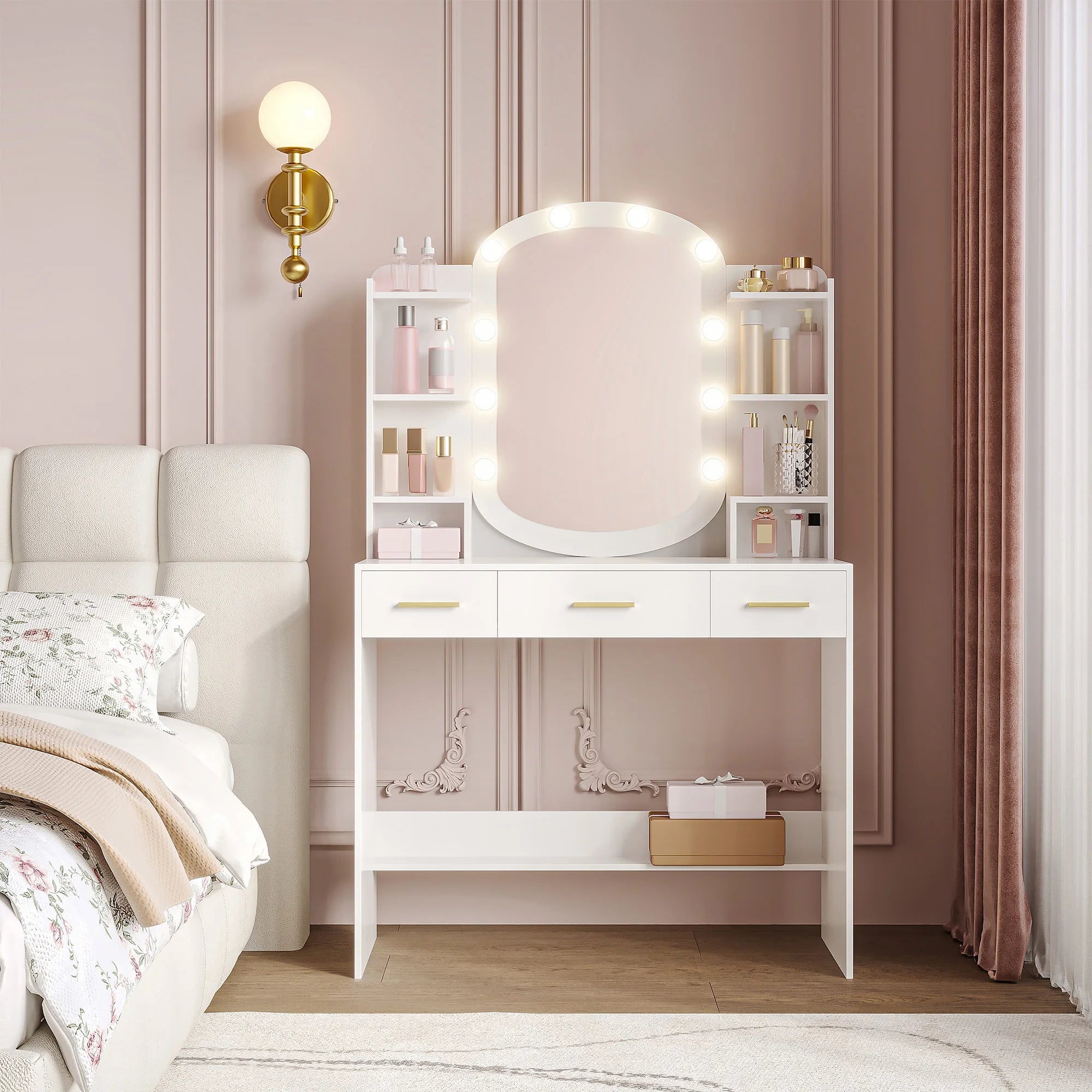 Kaptafel Met Spiegel en Lade – Moderne Make‑Up Tafel voor Slaapkamer – Wit