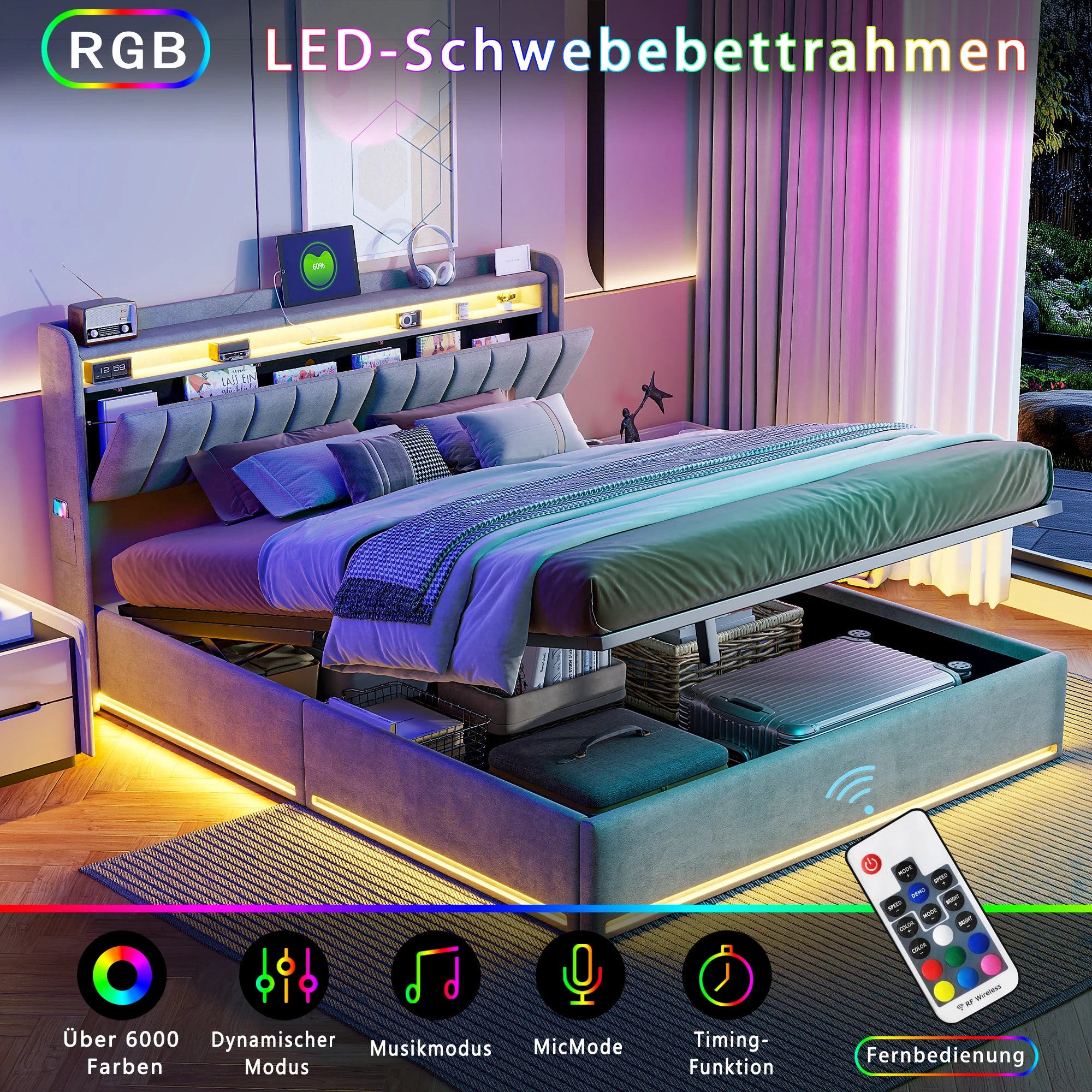 Tweepersoonsbed met geïntegreerde LED‑verlichting, USB‑oplaadfuncties en opbergruimte – Modern en functioneel bedframe