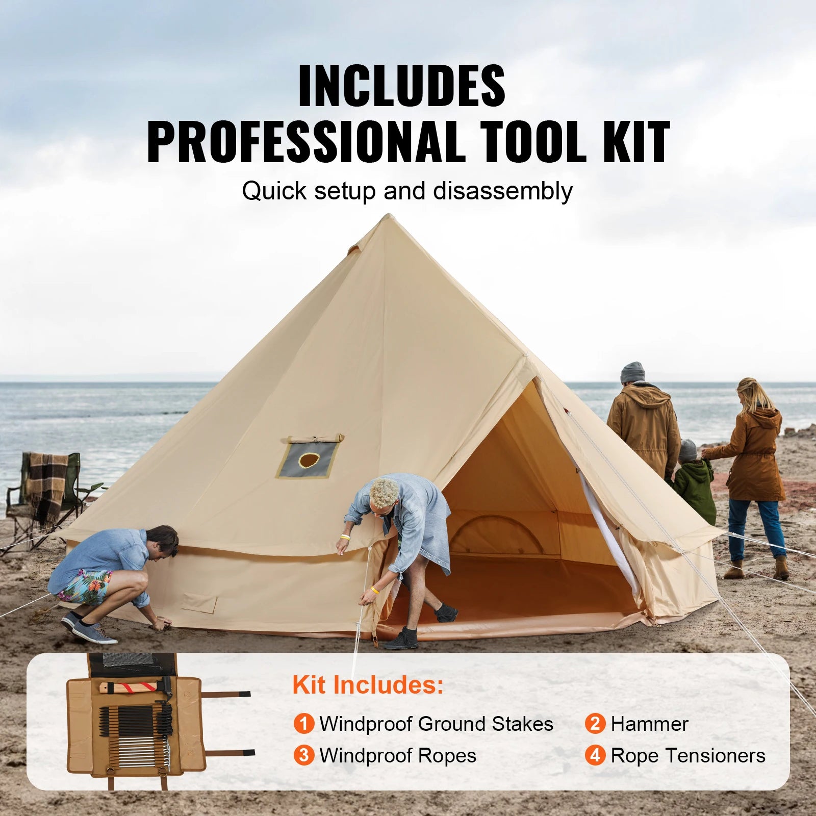 Canvas Bell Tent 5m – 4 Seizoenen Yurt Tent voor 8 Personen met Kachelaansluiting & Waterdicht Grondzeil